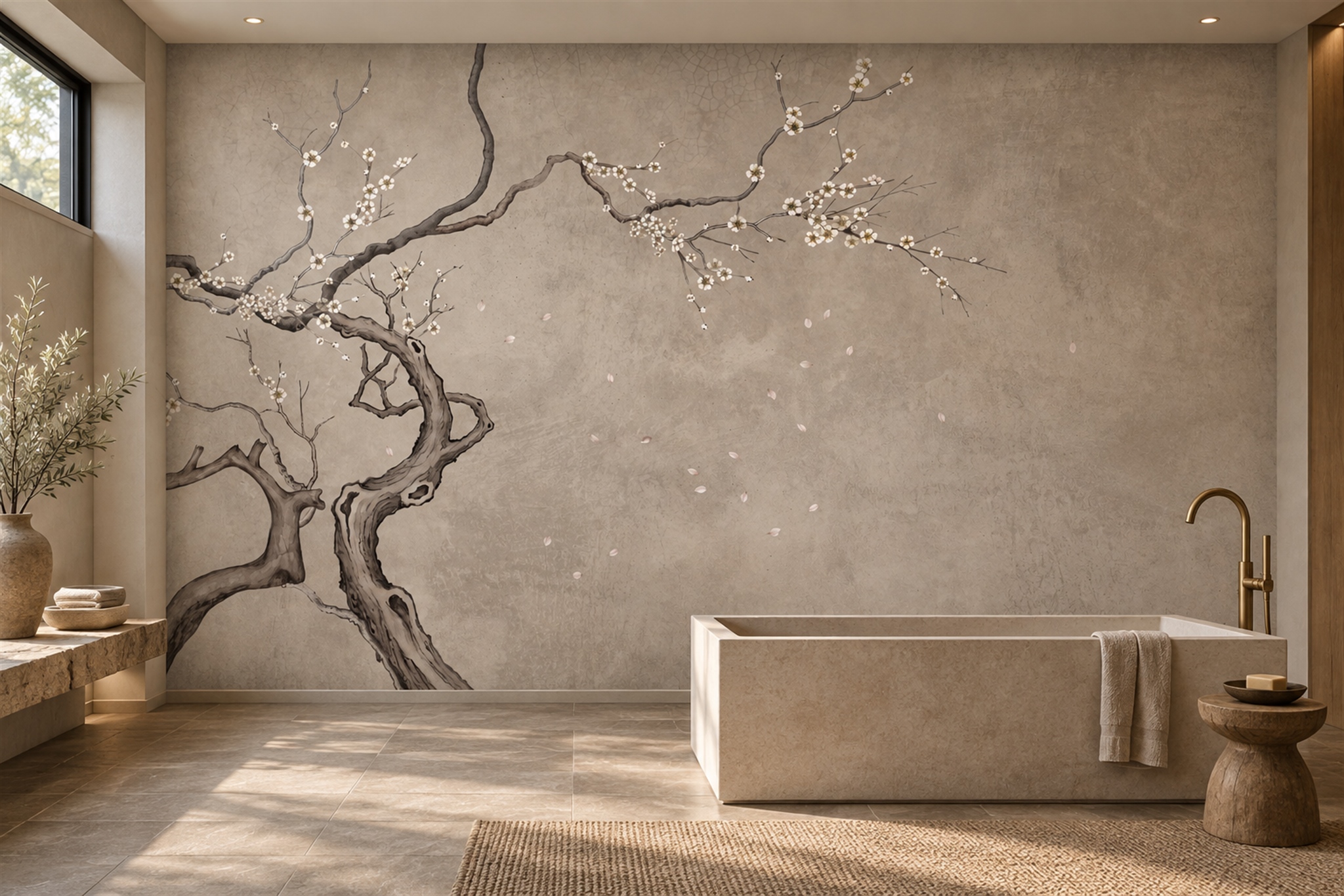 Sparse White Blossoms And Falling Petals On Taupe Wallpaper Mural — Wallpaper Mural Design, Peel-and-stick Finish