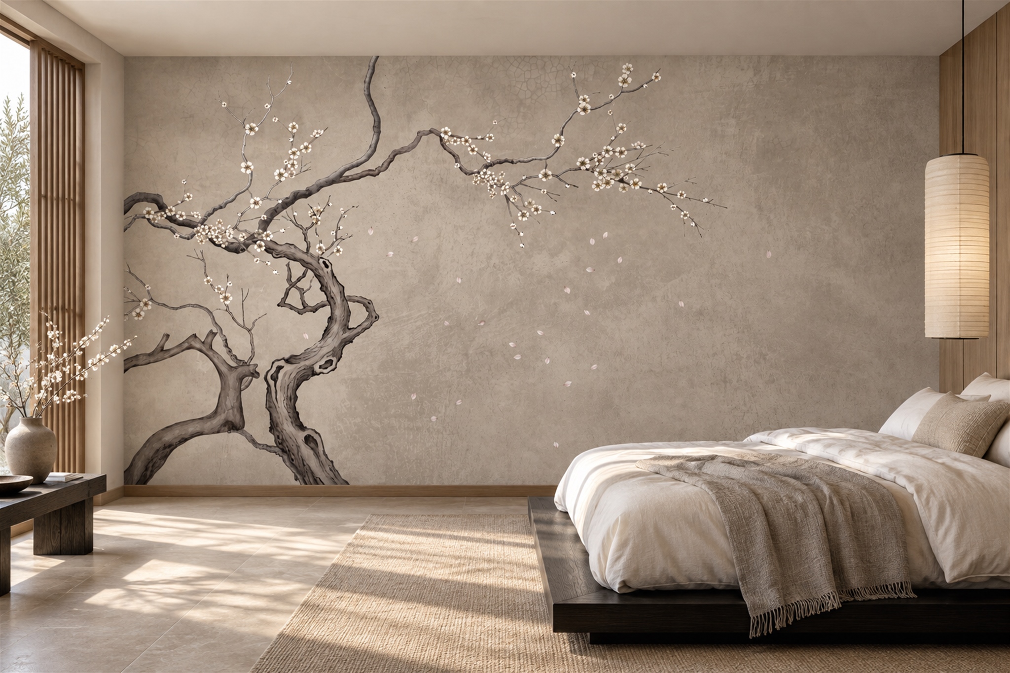 Taupe Blossom Botanical Wallpaper Mural Bedroom-wallpaper-murals, Peel-and-stick Finish