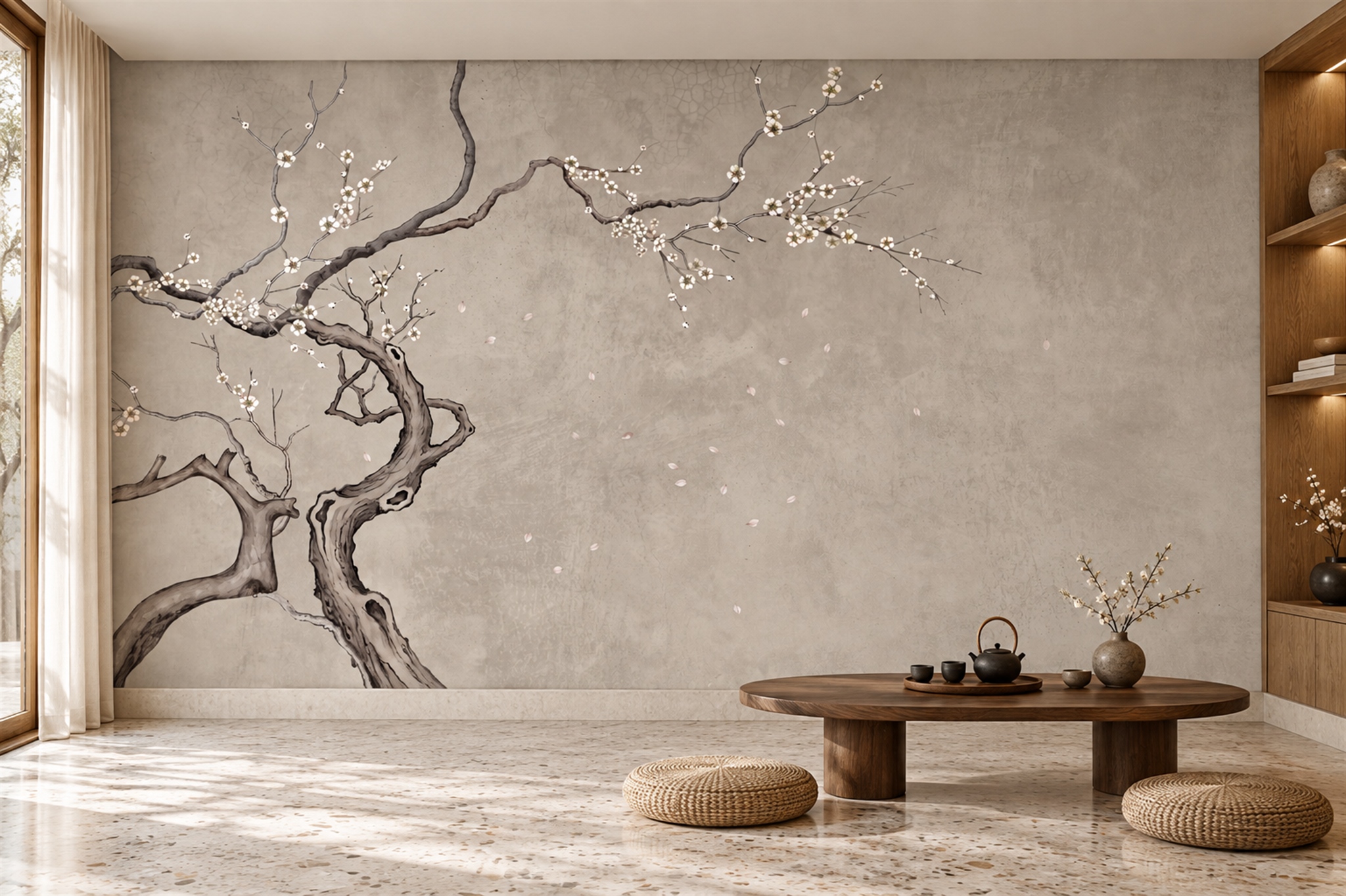 Taupe Blossom Botanical Wallpaper Mural Bathroom-wallpaper-murals, Peel-and-stick Finish