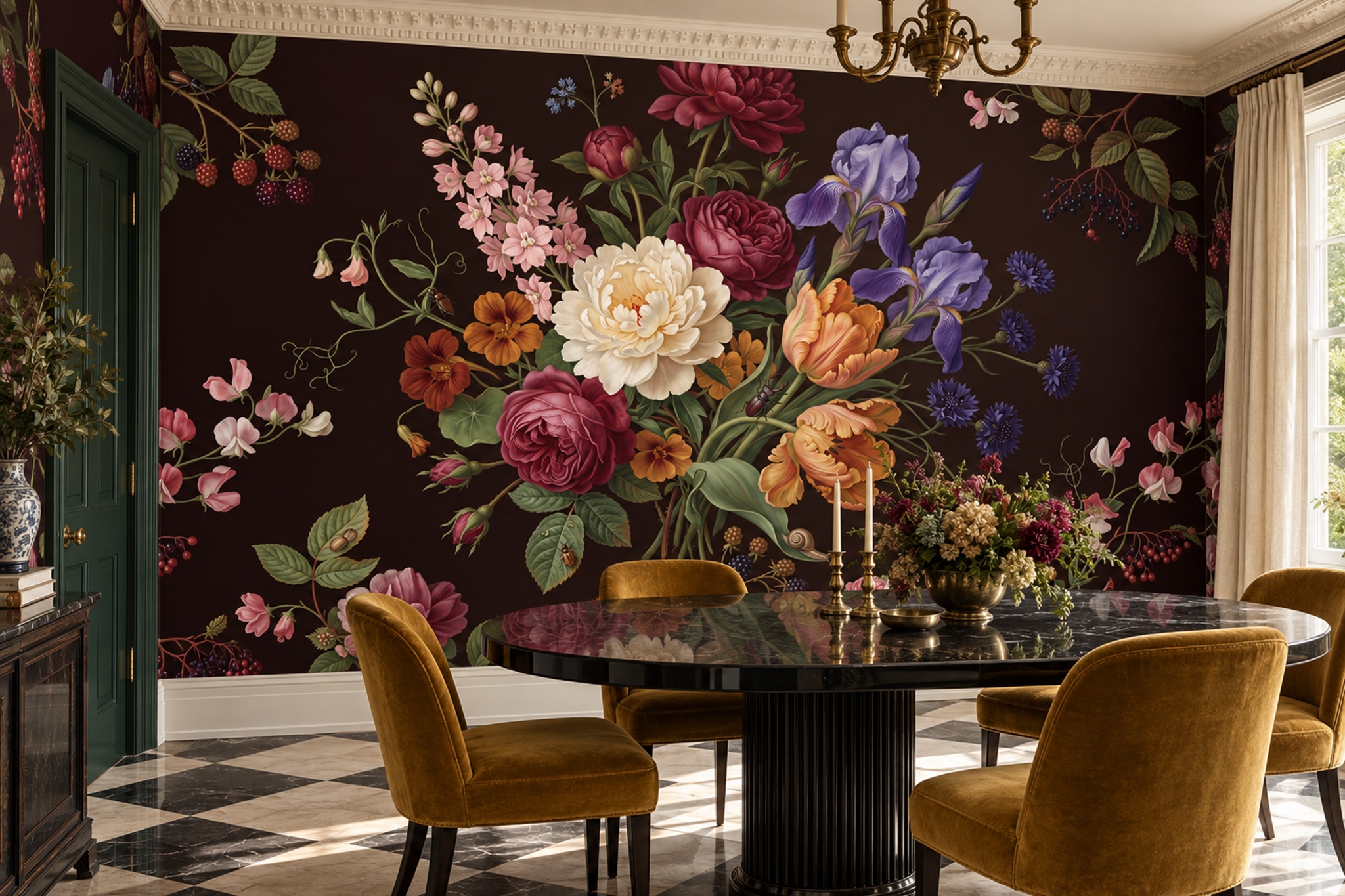 Rich Garden Bouquet With Roses, Iris And Berries On Dark Wallpaper Mural — Wallpaper Mural Design, Peel-and-stick Finish