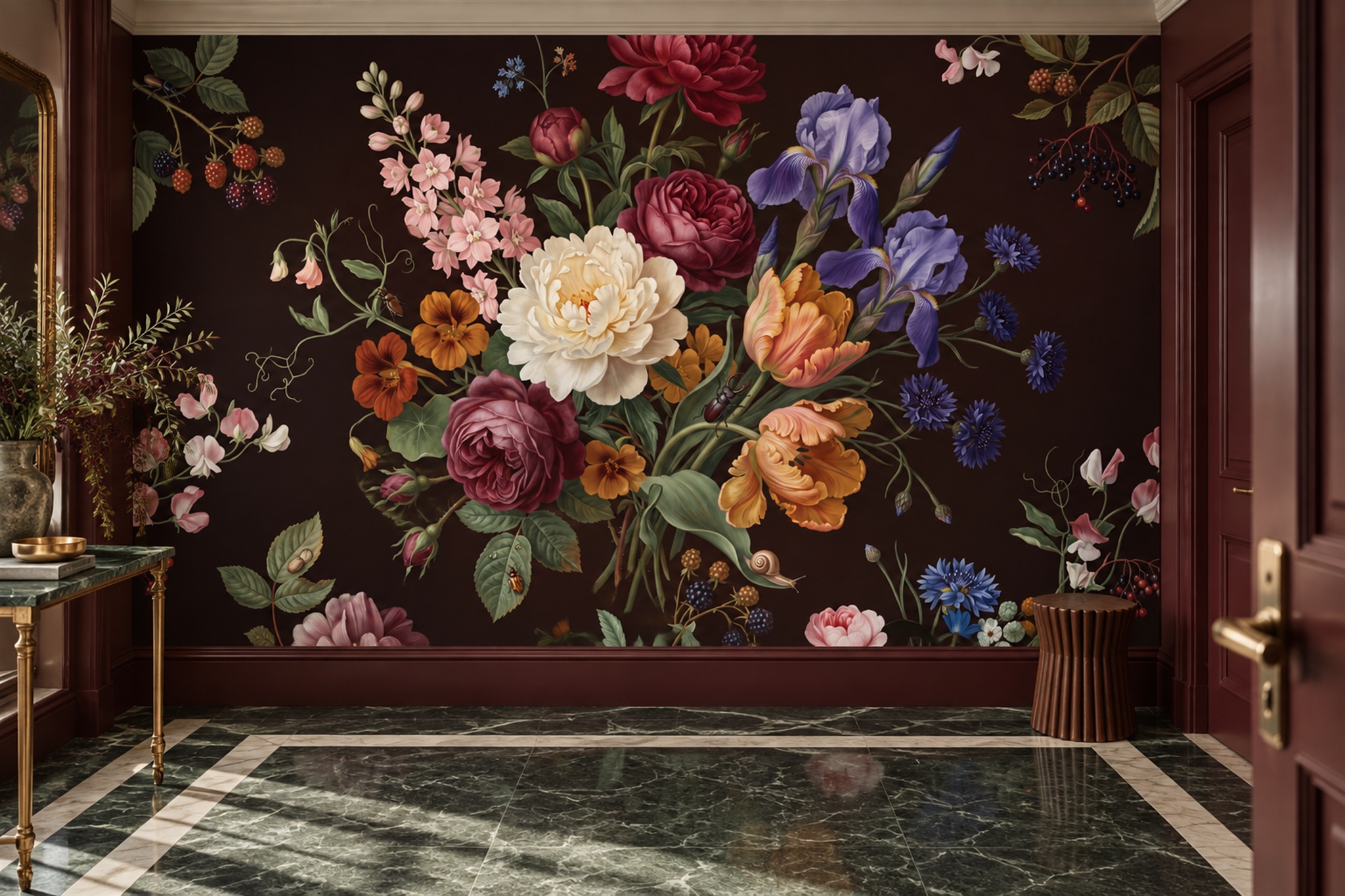 Neutral Bouquet Botanical Decorative Wallpaper Mural Entryway-wallpaper-murals, Peel-and-stick Finish