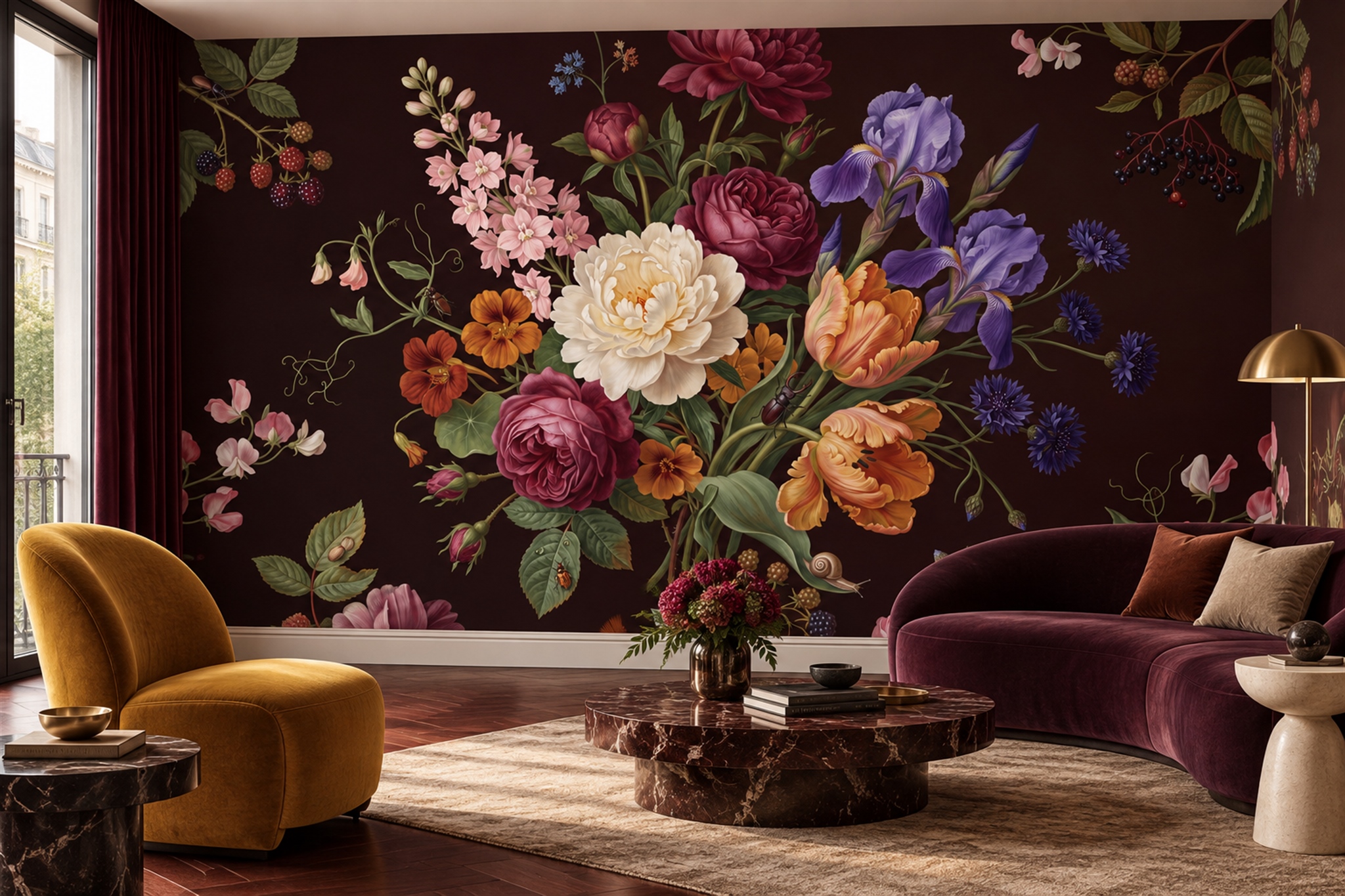 Neutral Bouquet Botanical Decorative Wallpaper Mural Accent-wall-wallpaper-murals, Peel-and-stick Finish