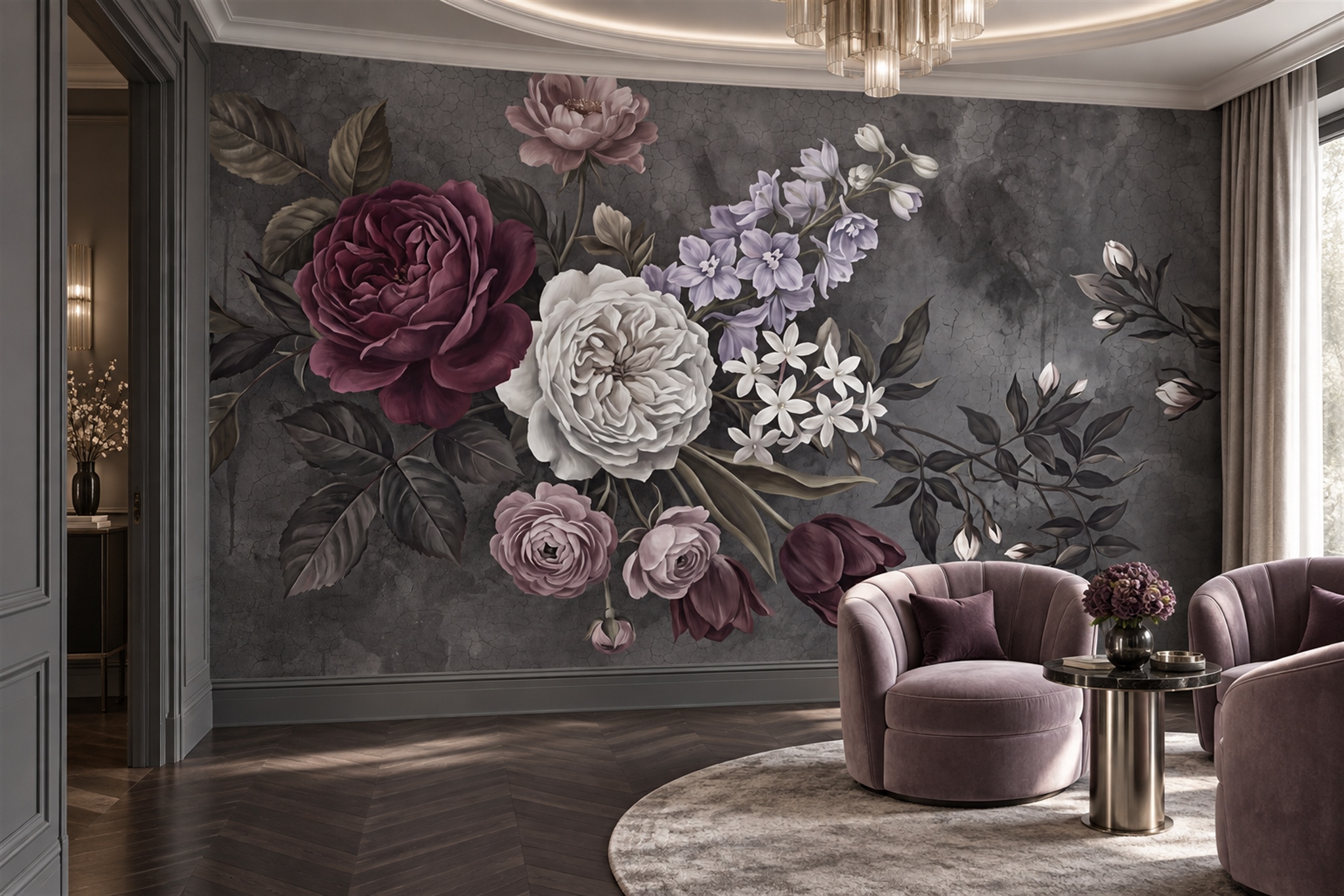 Grey Rose Botanical Wallpaper Mural Living-room-wallpaper-murals, Shown In A Living Room, Peel-and-stick Finish