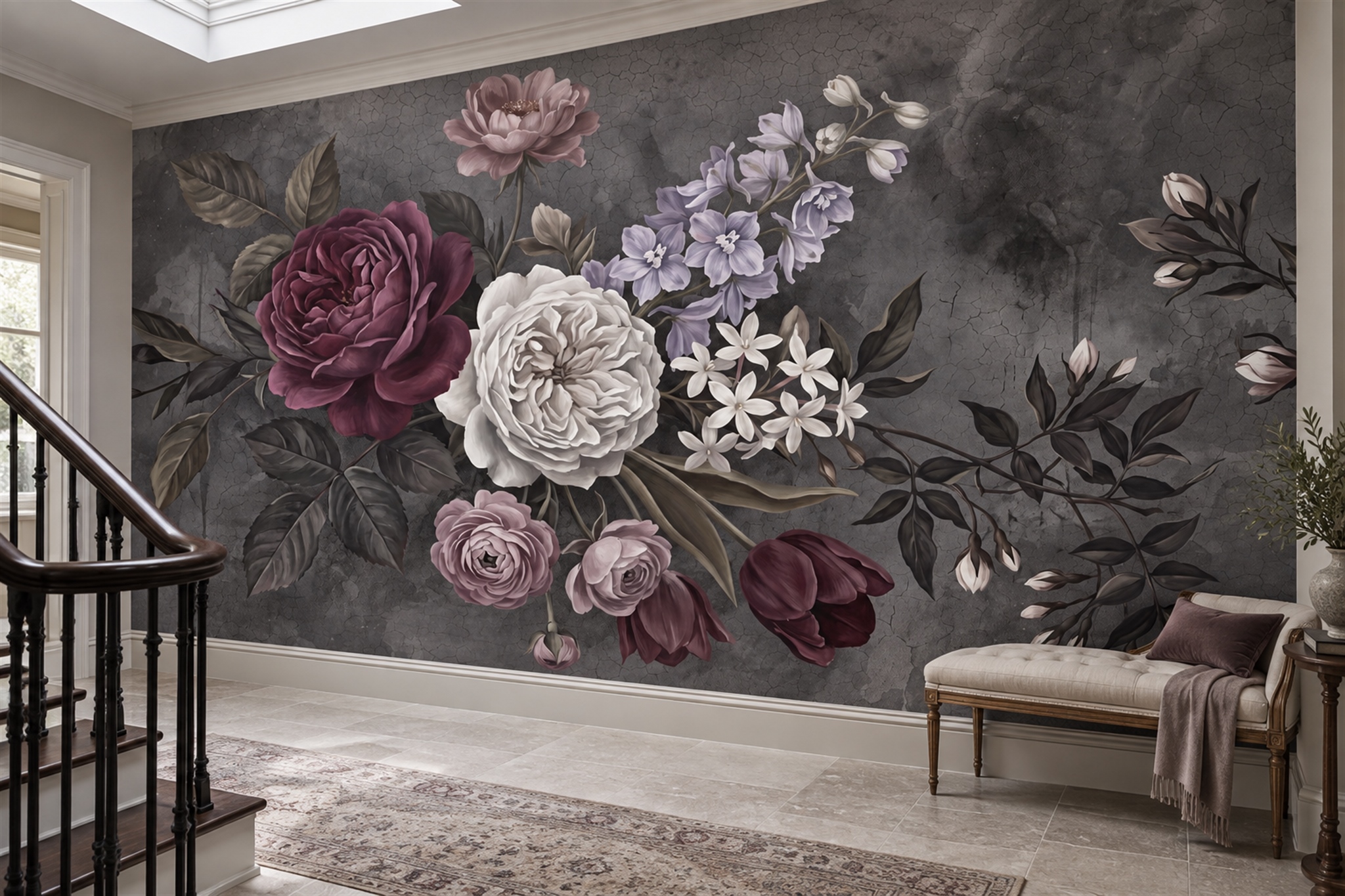 Grey Rose Botanical Wallpaper Mural Accent-wall-wallpaper-murals, Peel-and-stick Finish
