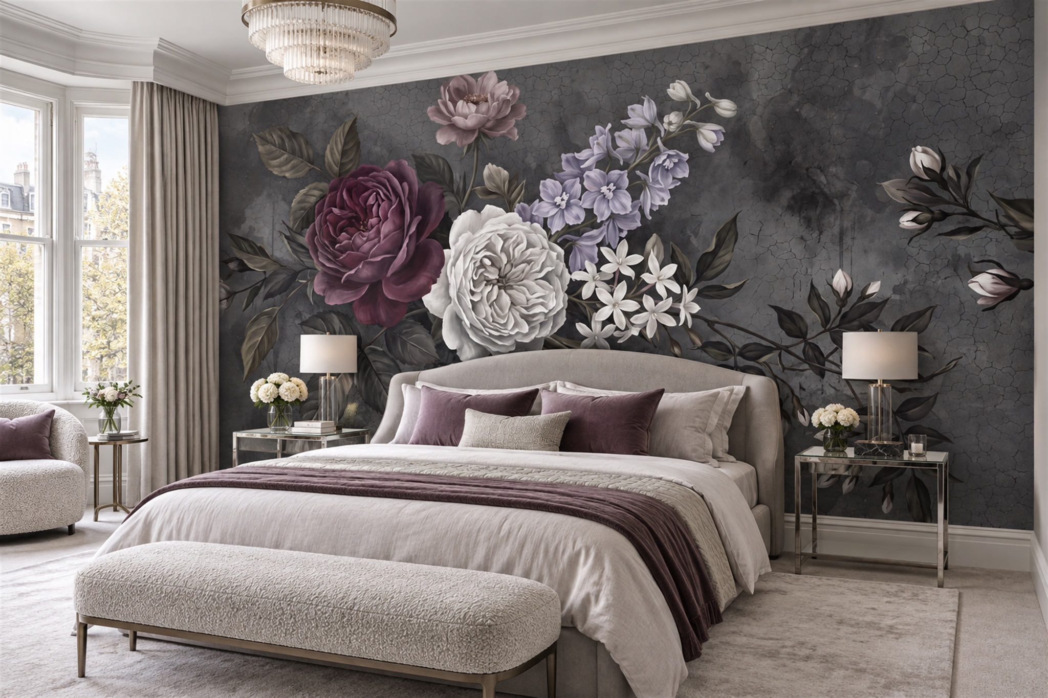 Grey And Mauve Rose Floral Wallpaper Mural — Installed Wallpaper Mural In A Bedroom, Peel-and-stick Finish