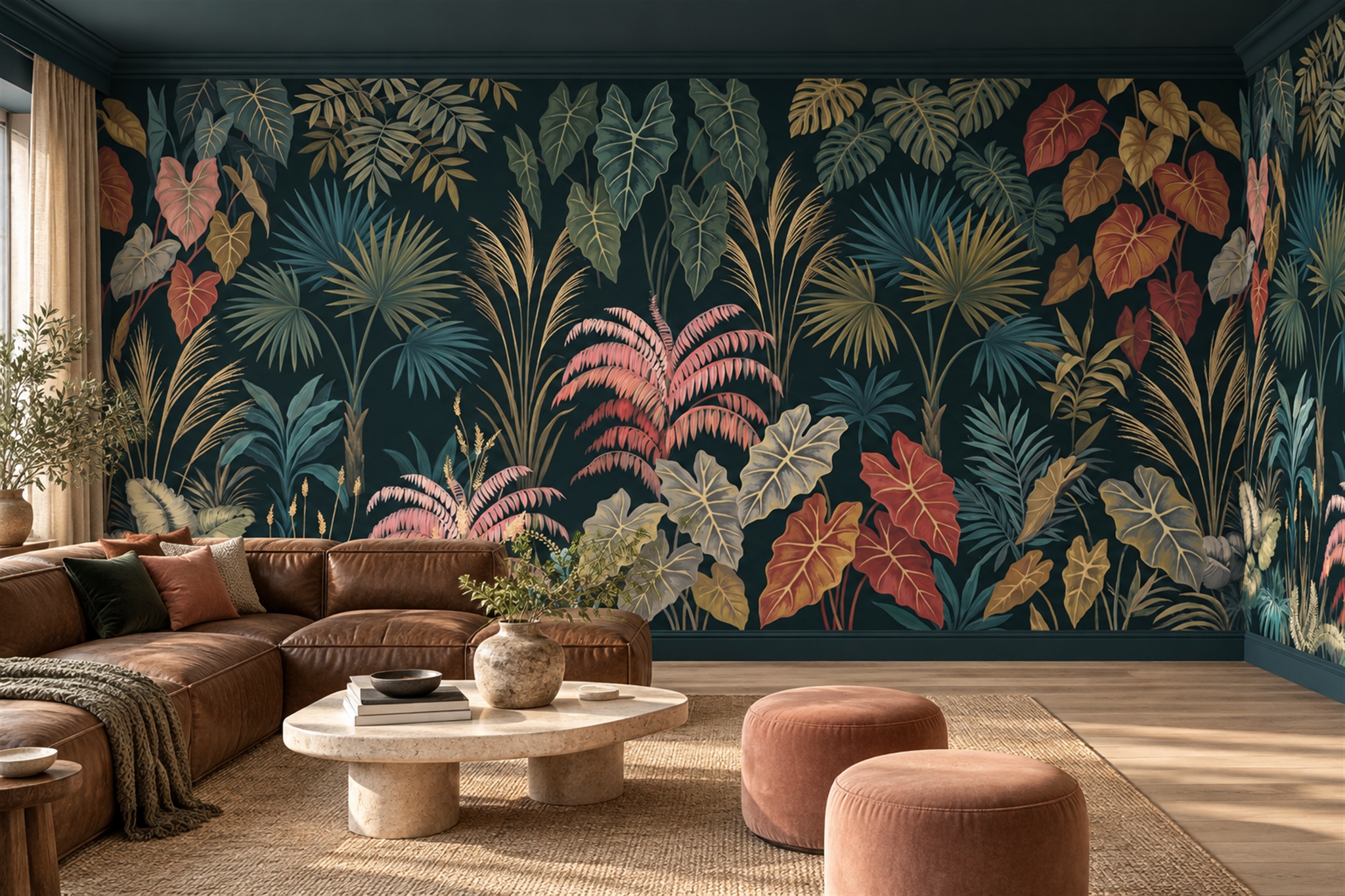 Teal Leaf Botanical Decorative Wallpaper Mural Accent-wall-wallpaper-murals, Peel-and-stick Finish