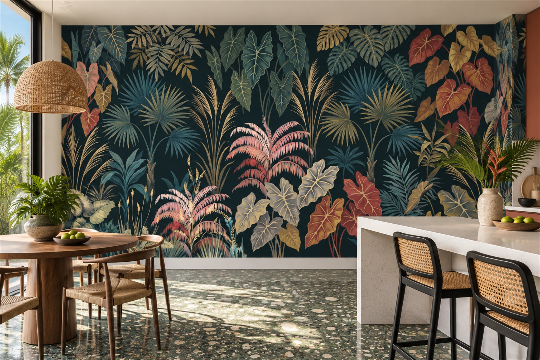 Teal Leaf Botanical Decorative Wallpaper Mural Dining-room-wallpaper-murals, Peel-and-stick Finish