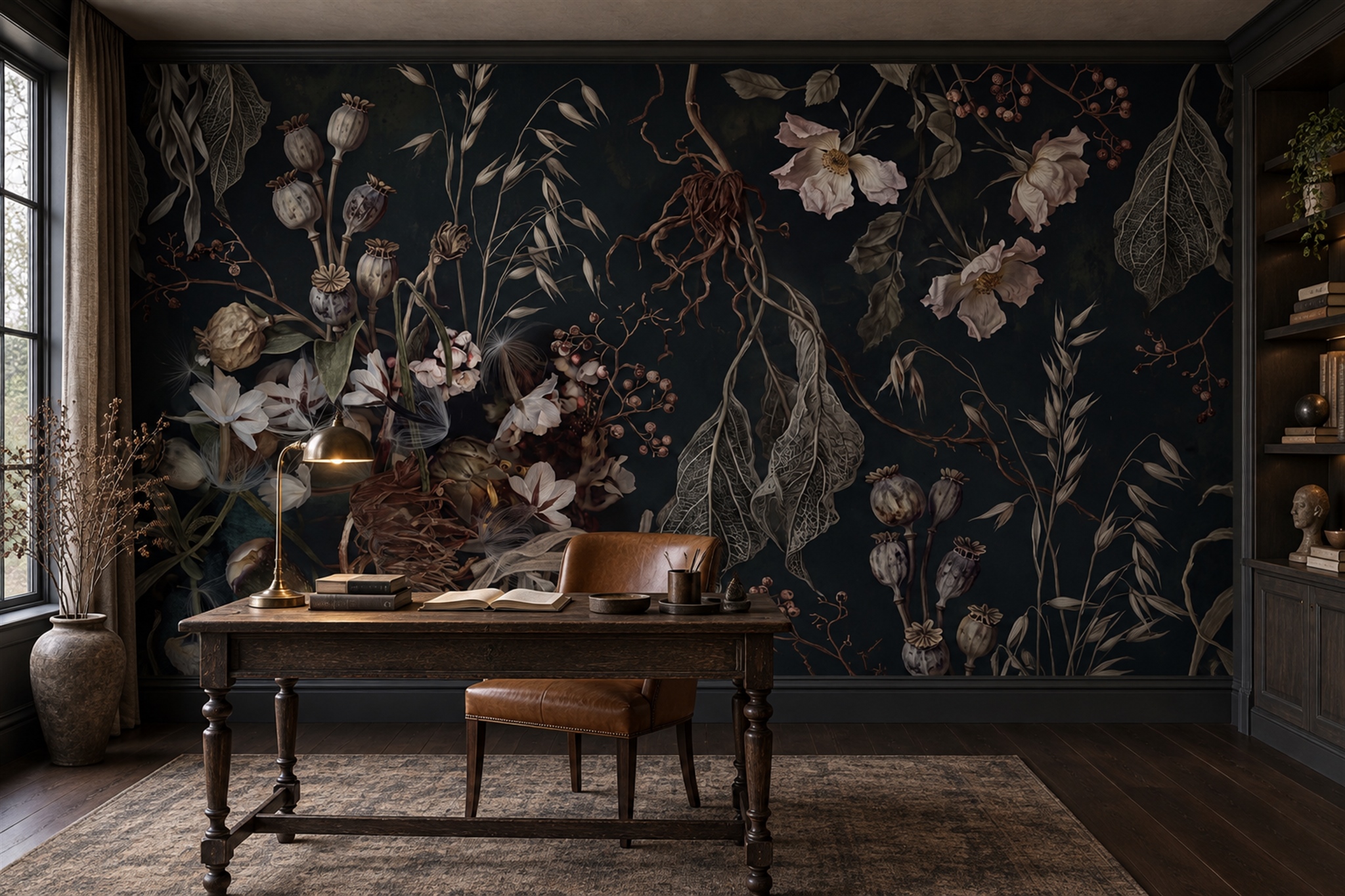 Black Botanical Botanical Wallpaper Mural Home-office-wallpaper-murals, Peel-and-stick Finish