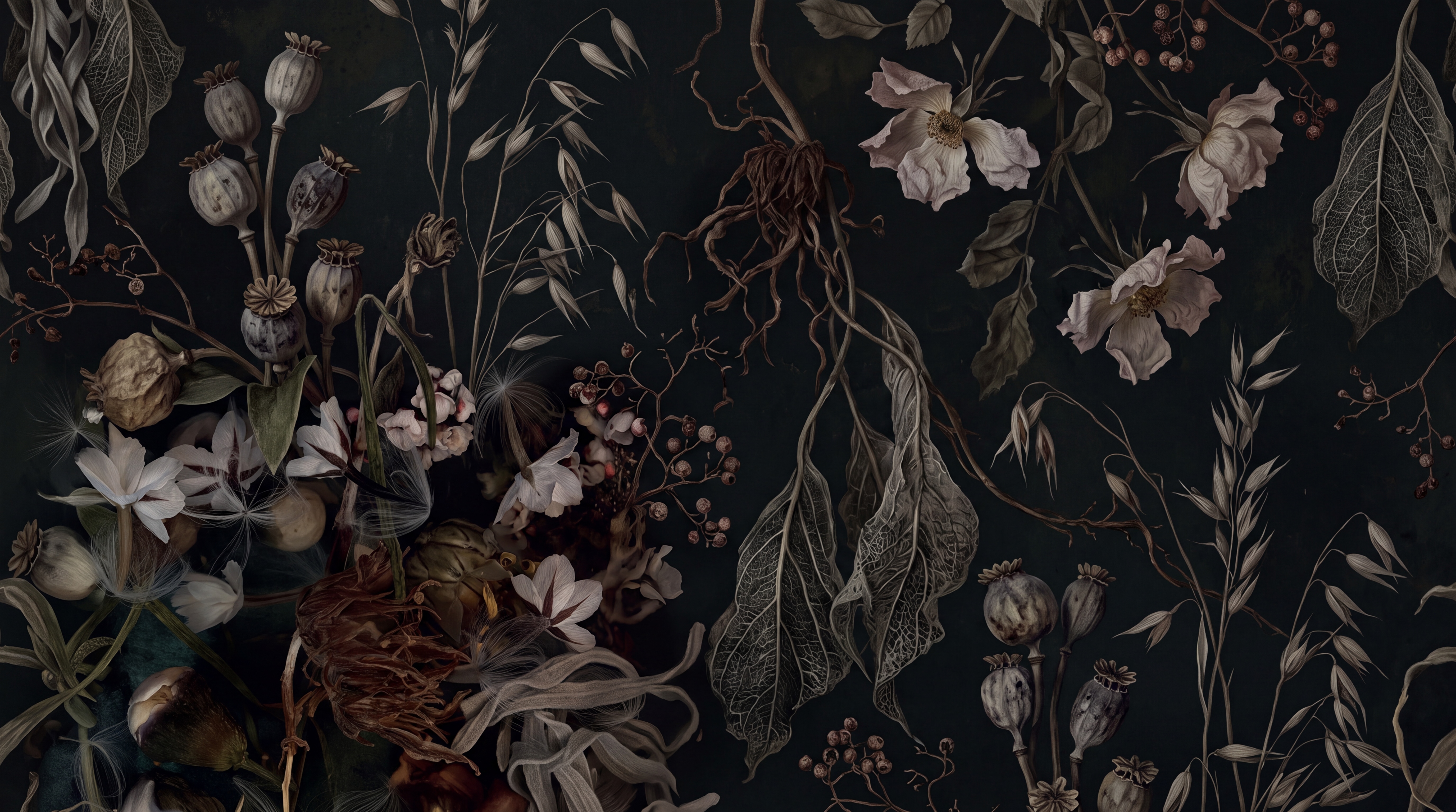 Black Botanical Botanical Wallpaper Mural, Peel-and-stick Finish