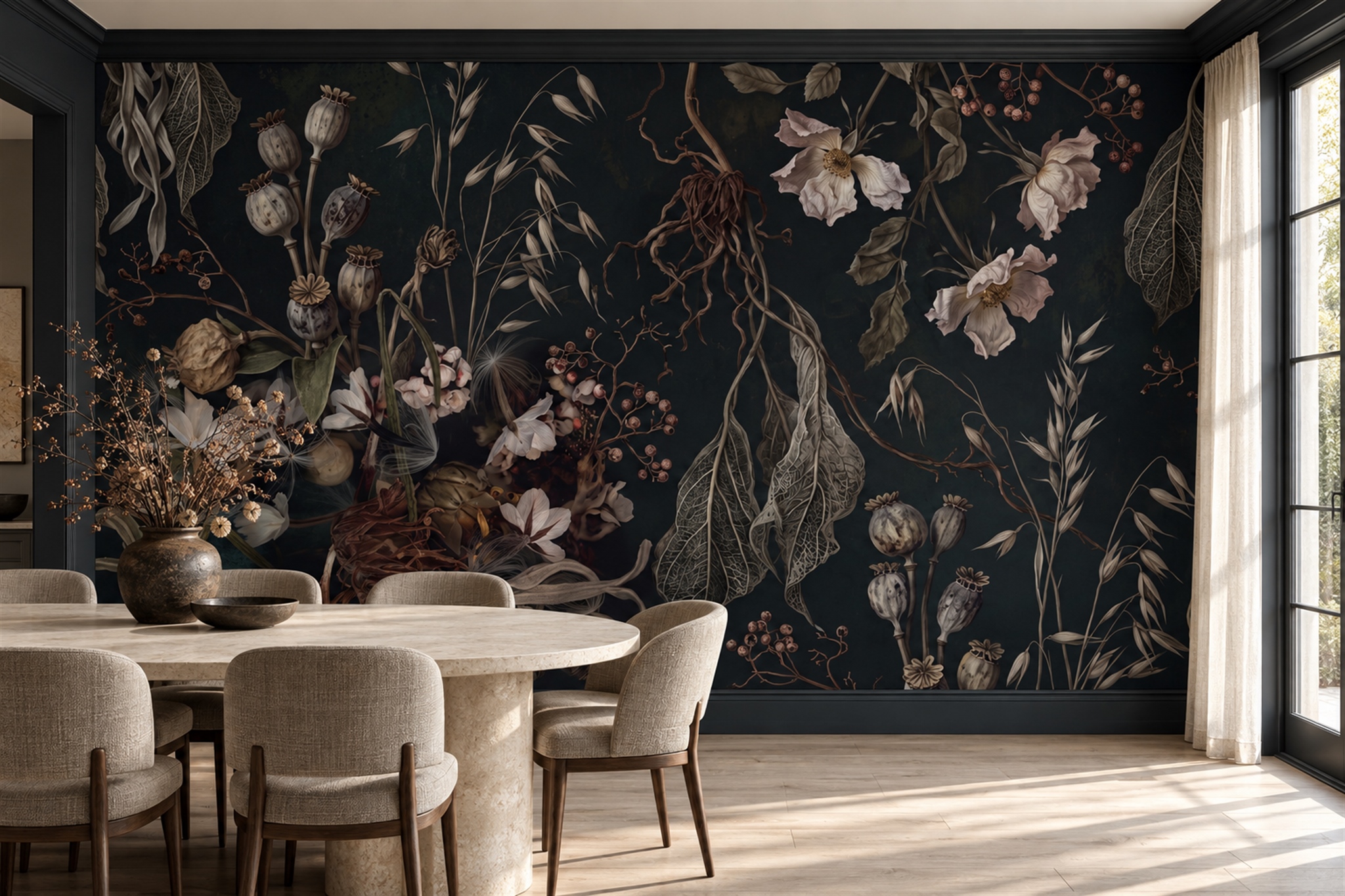 Black Botanical Botanical Wallpaper Mural Dining-room-wallpaper-murals, Peel-and-stick Finish