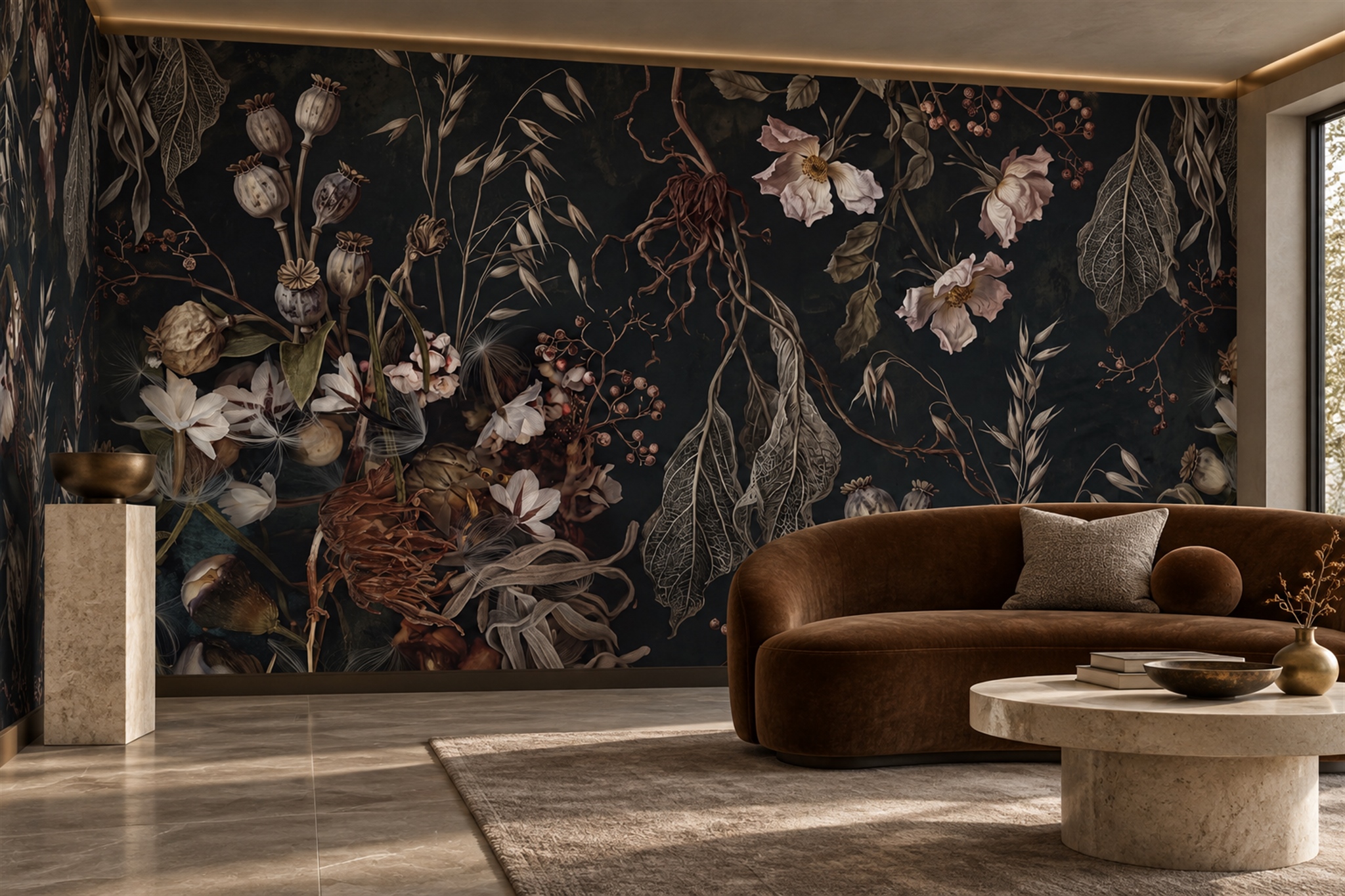 Black Botanical Botanical Wallpaper Mural Home-office-wallpaper-murals, Peel-and-stick Finish