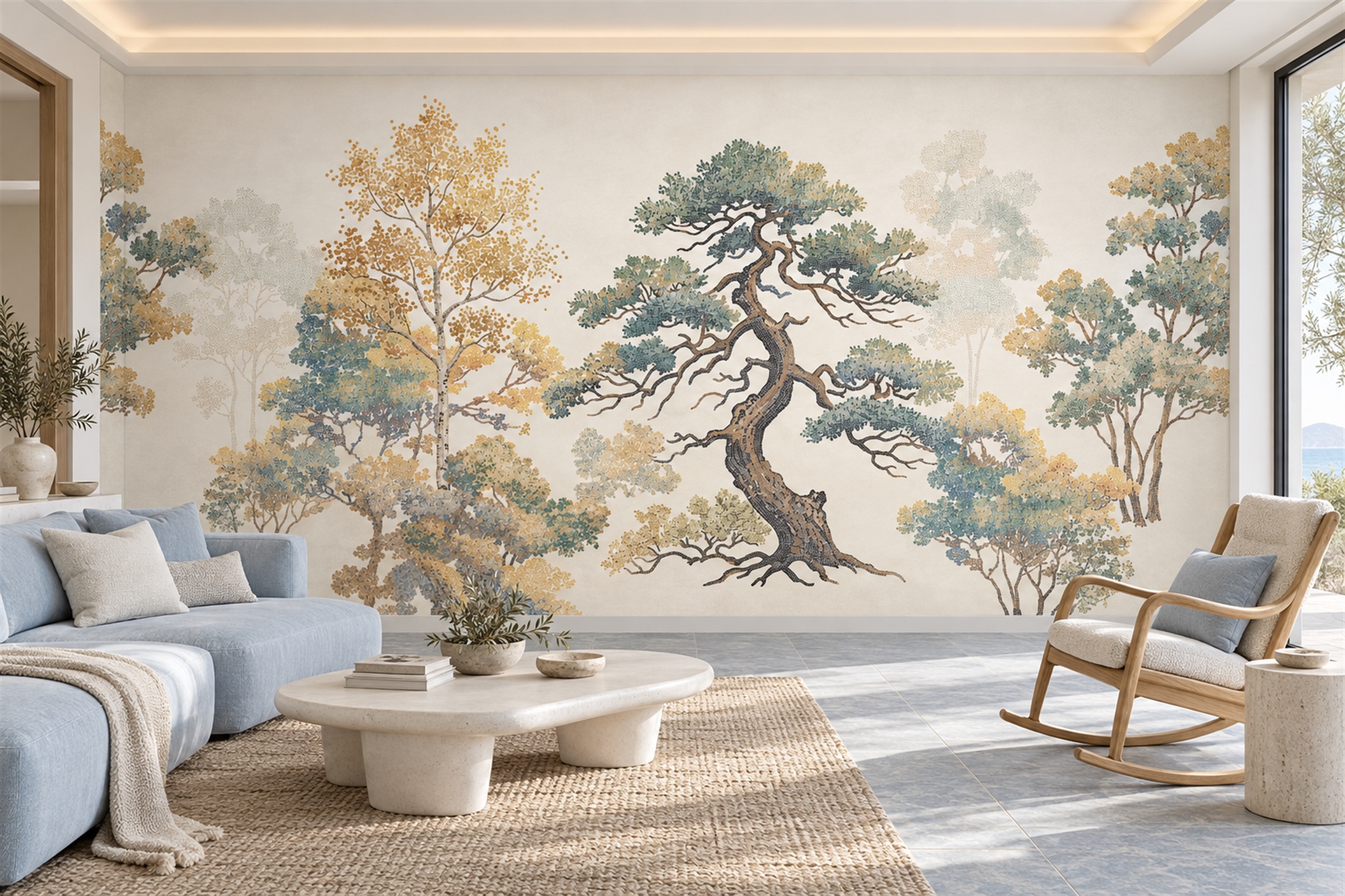 Sage Trees Scenic Layered Wallpaper Mural Living-room-wallpaper-murals, Peel-and-stick Finish
