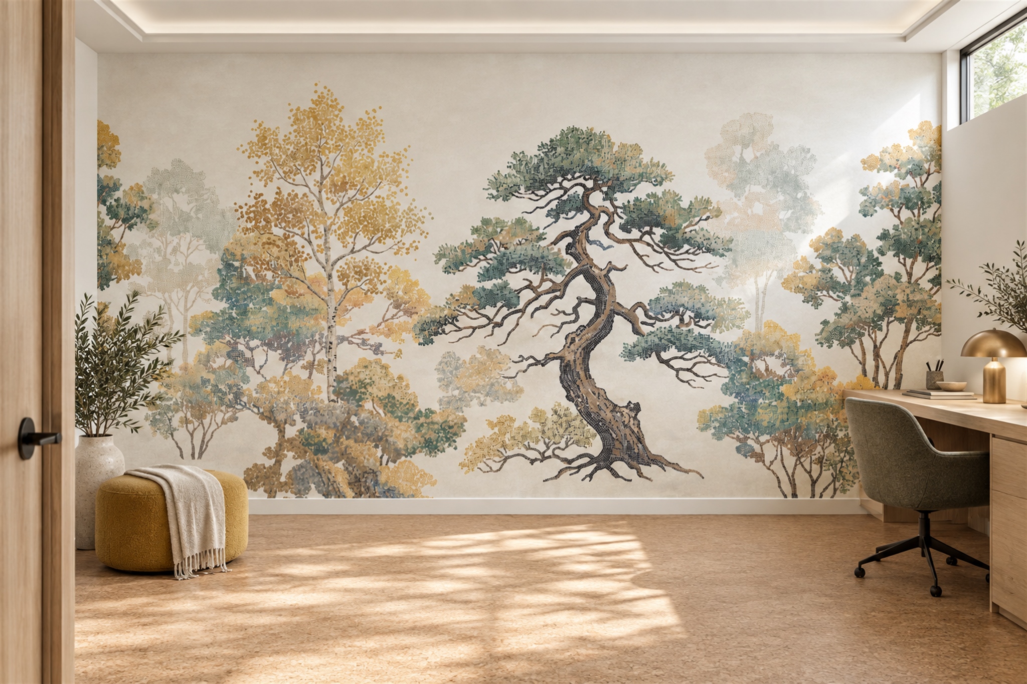 Sage Trees Scenic Layered Wallpaper Mural Home-office-wallpaper-murals, Shown In A Home Office, Peel-and-stick Finish