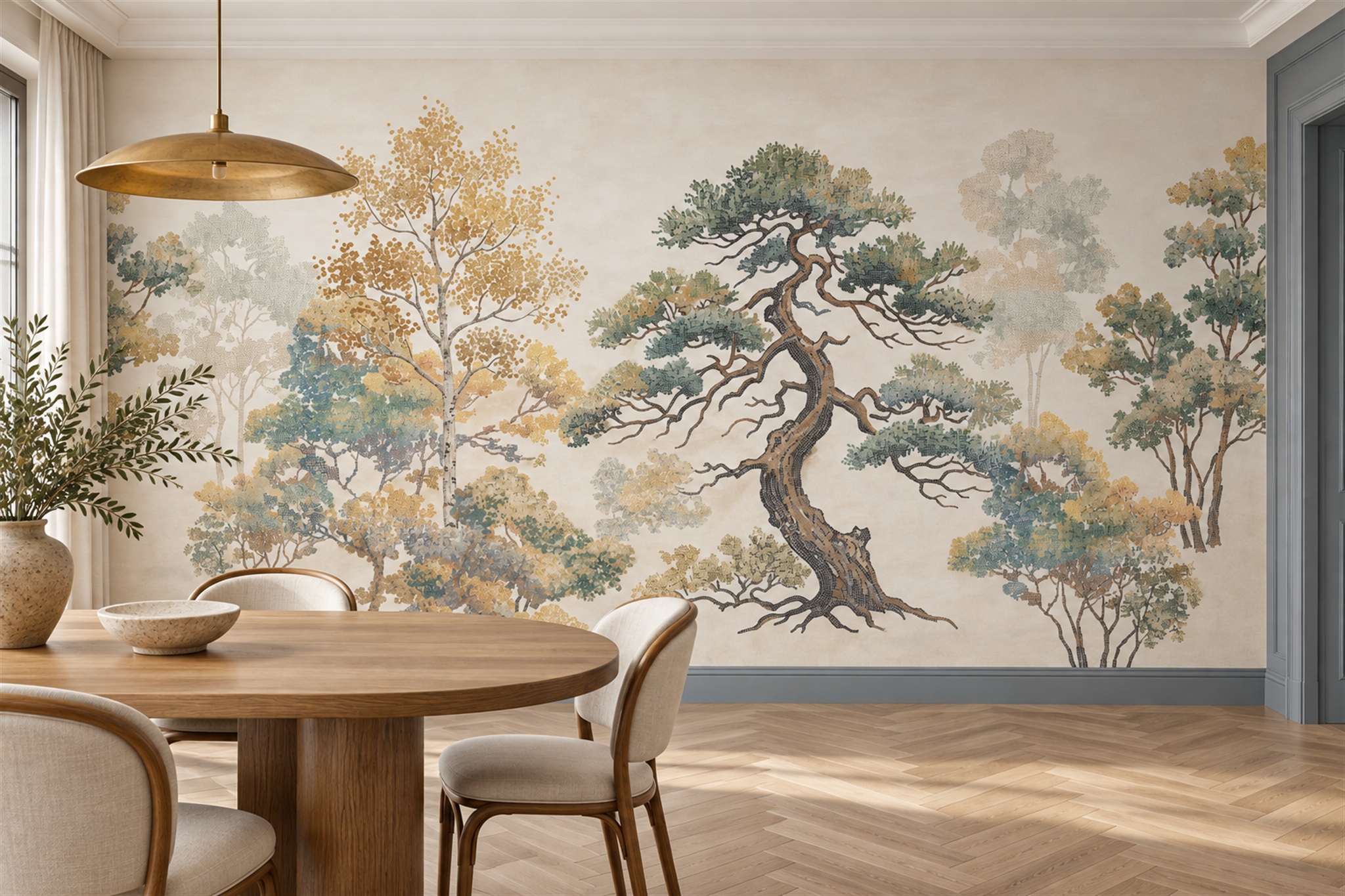 Sage Trees Scenic Layered Wallpaper Mural Living-room-wallpaper-murals, Peel-and-stick Finish