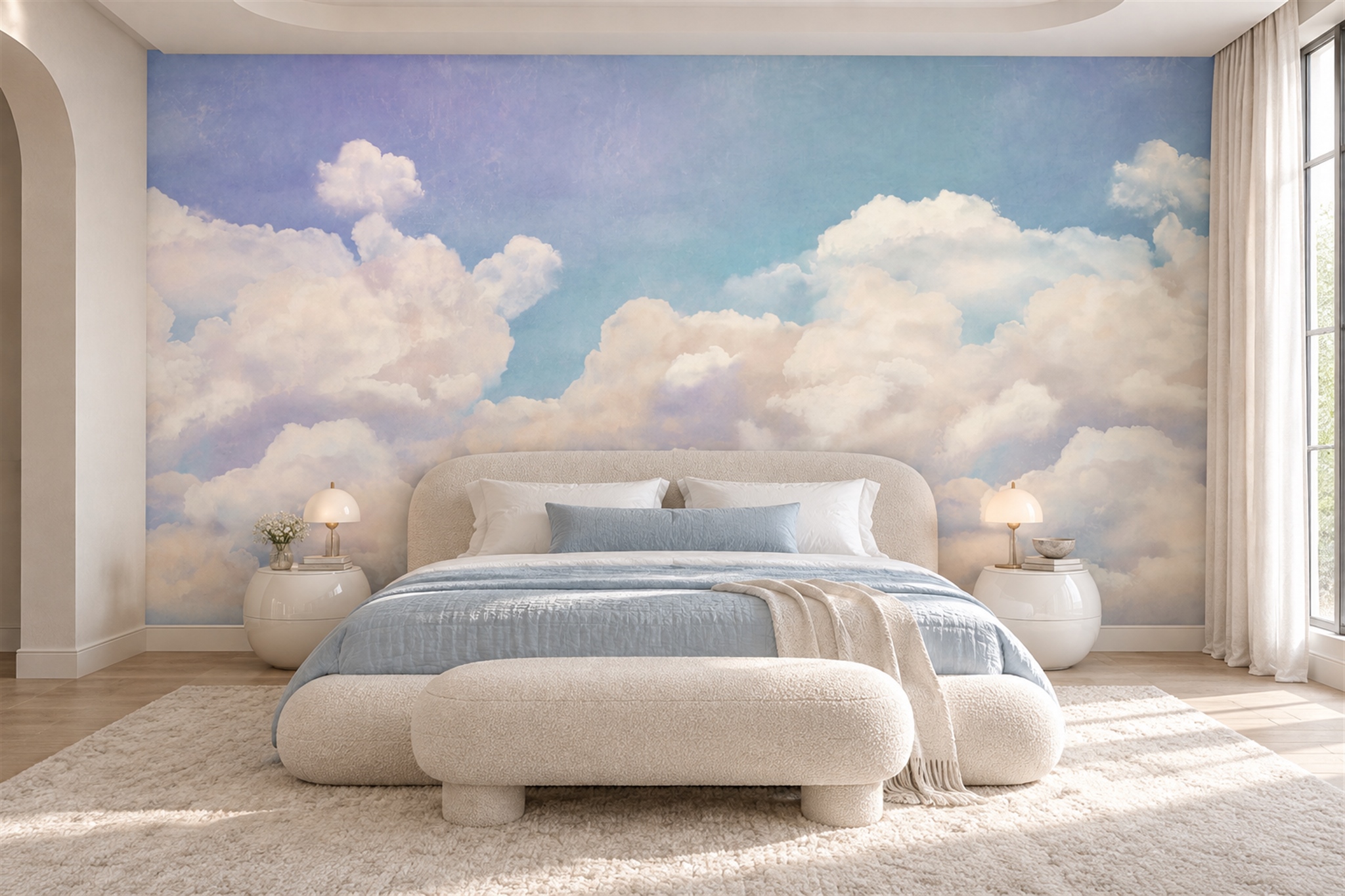 Blue Clouds Artful Illustrated Wallpaper Mural Bedroom-wallpaper-murals, Peel-and-stick Finish