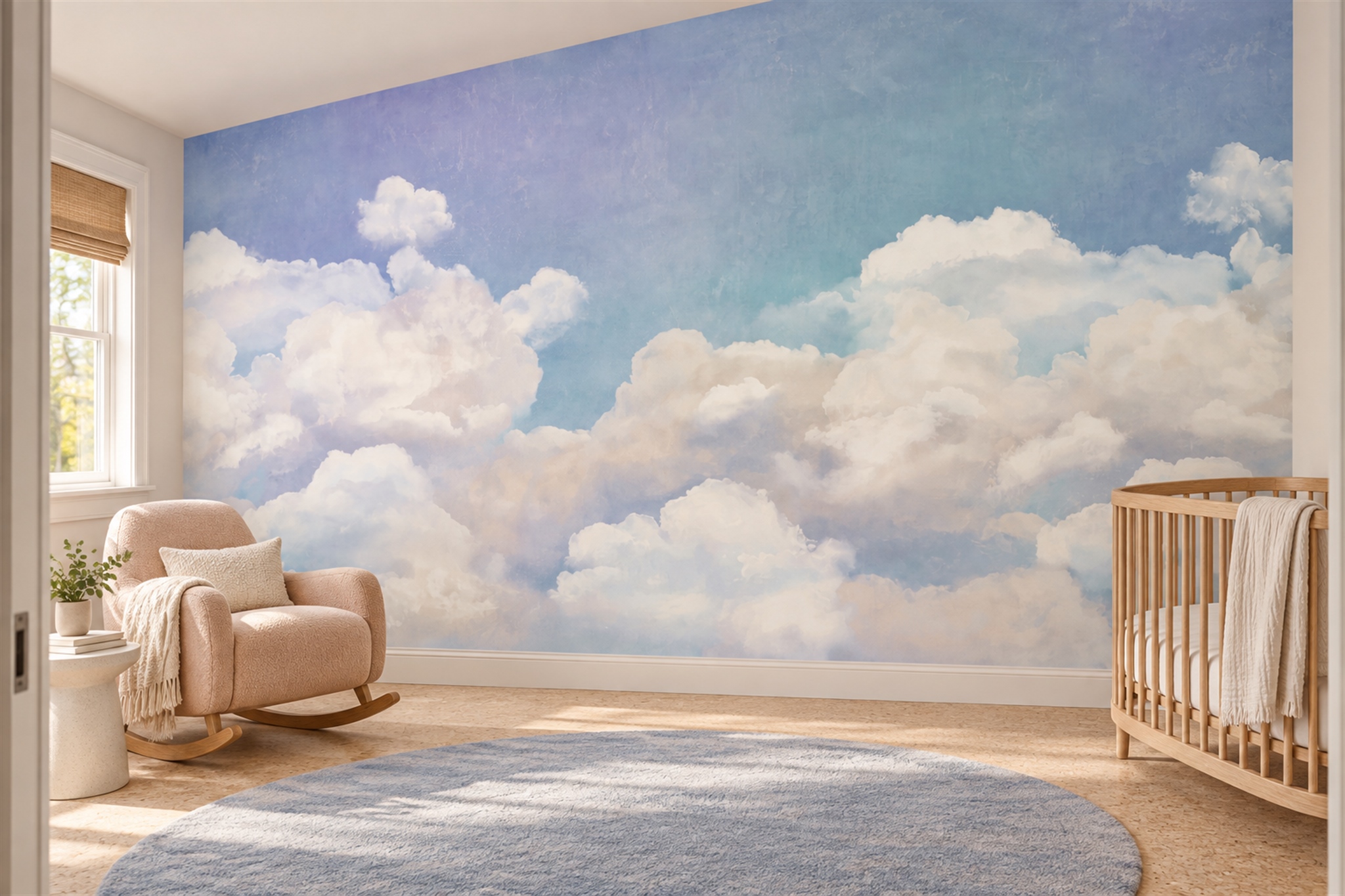 Blue Clouds Artful Illustrated Wallpaper Mural Kids-room-wallpaper-murals, Peel-and-stick Finish