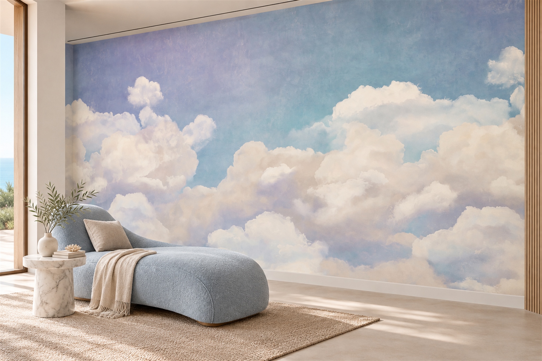 Blue Clouds Artful Illustrated Wallpaper Mural Bedroom-wallpaper-murals, Peel-and-stick Finish