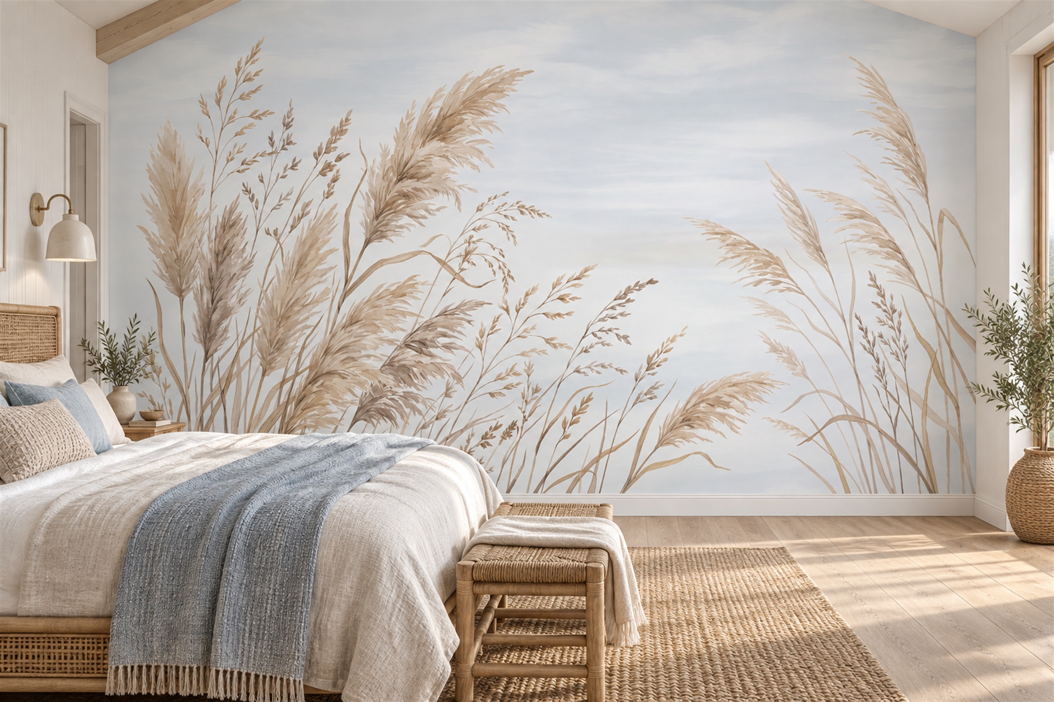 Pale Pampas Grass And Meadow Stems Wallpaper Mural — Installed Wallpaper Mural In A Bedroom, Peel-and-stick Finish