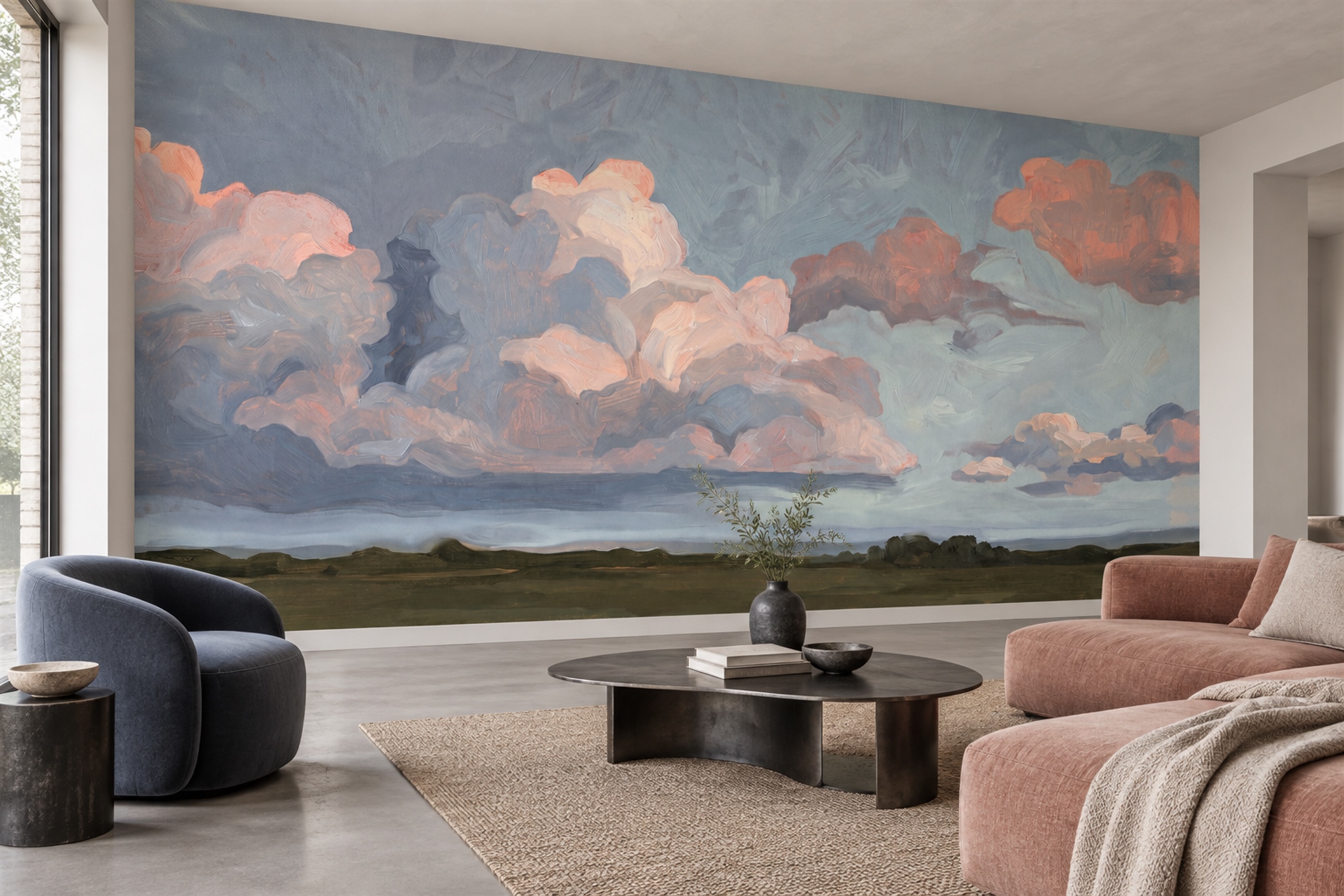 Peach Clouds Artful Decorative Wallpaper Mural Accent-wall-wallpaper-murals, Peel-and-stick Finish