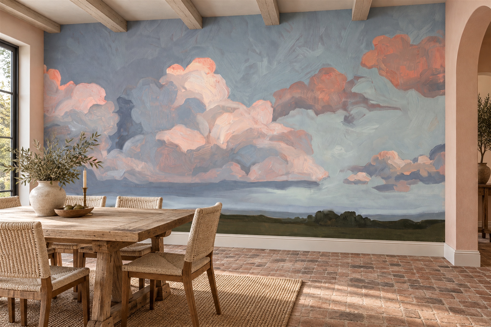 Peach And Slate Blue Painted Cloudscape Wallpaper Mural — Wallpaper Mural Design, Peel-and-stick Finish