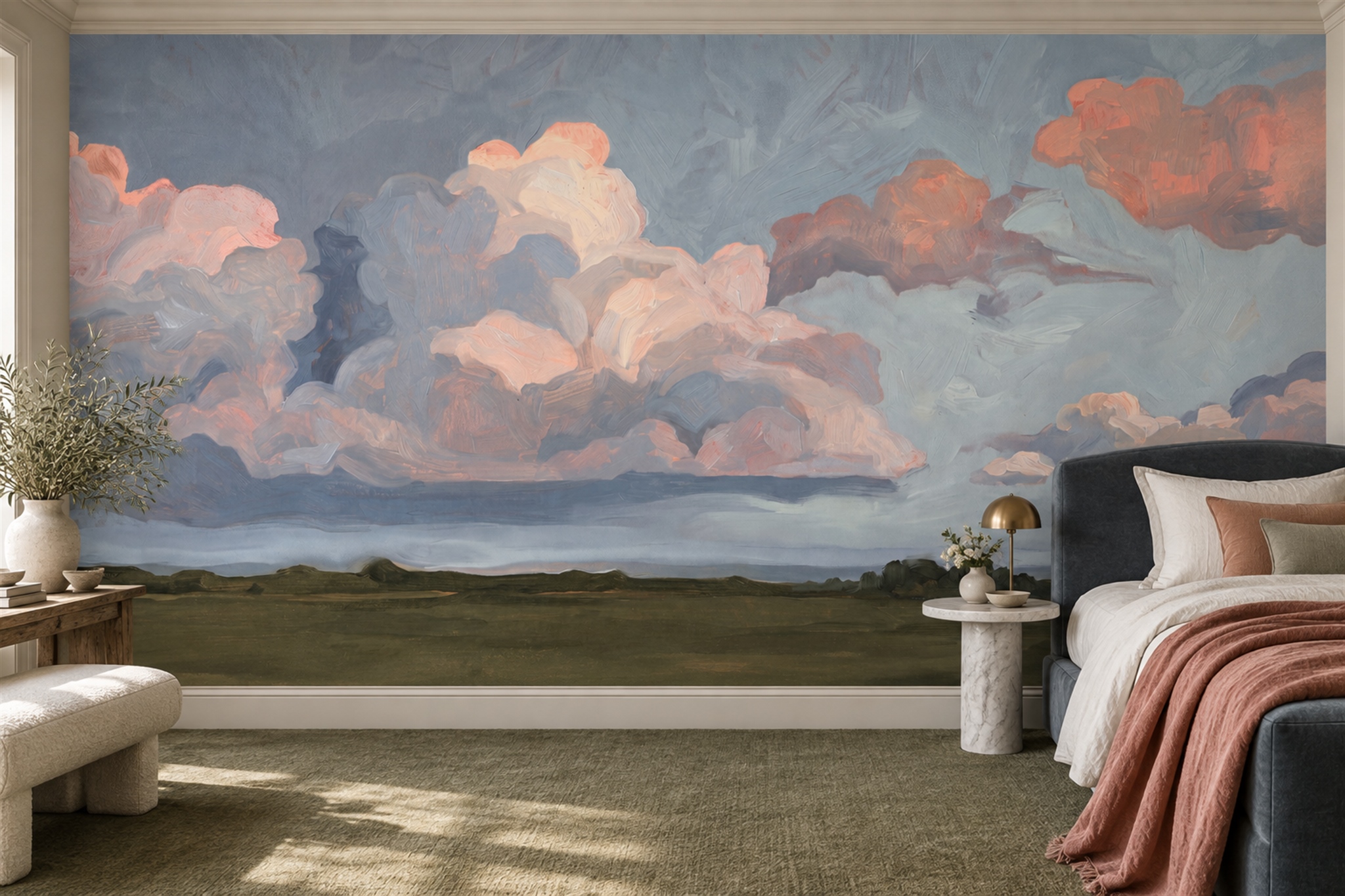 Peach Clouds Artful Decorative Wallpaper Mural Bedroom-wallpaper-murals, Peel-and-stick Finish