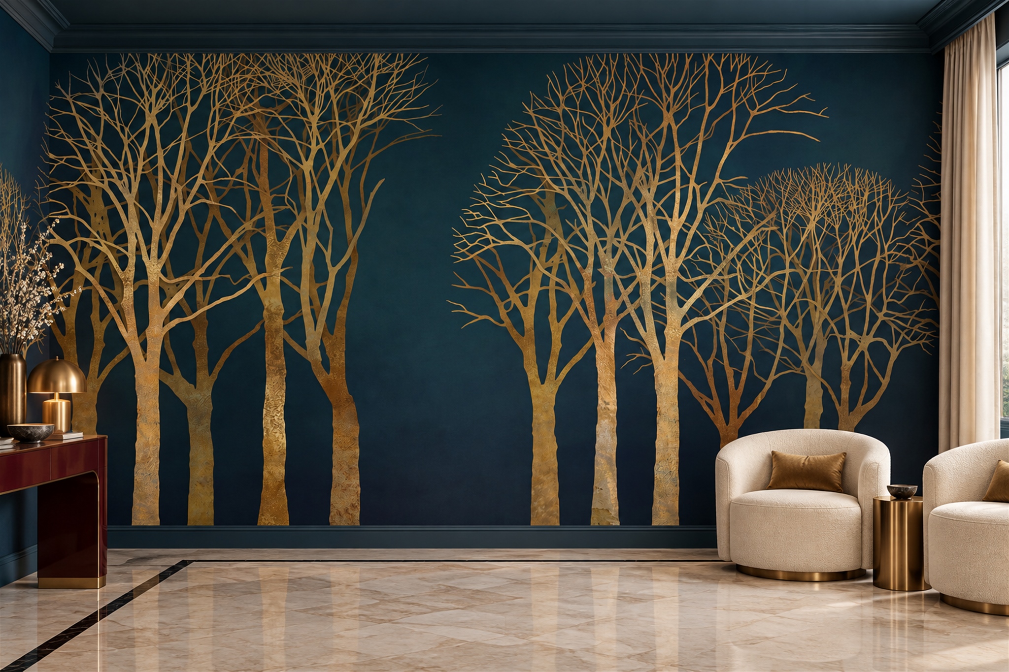 Gold Scenic Scenic Layered Wallpaper Mural Accent-wall-wallpaper-murals, Peel-and-stick Finish