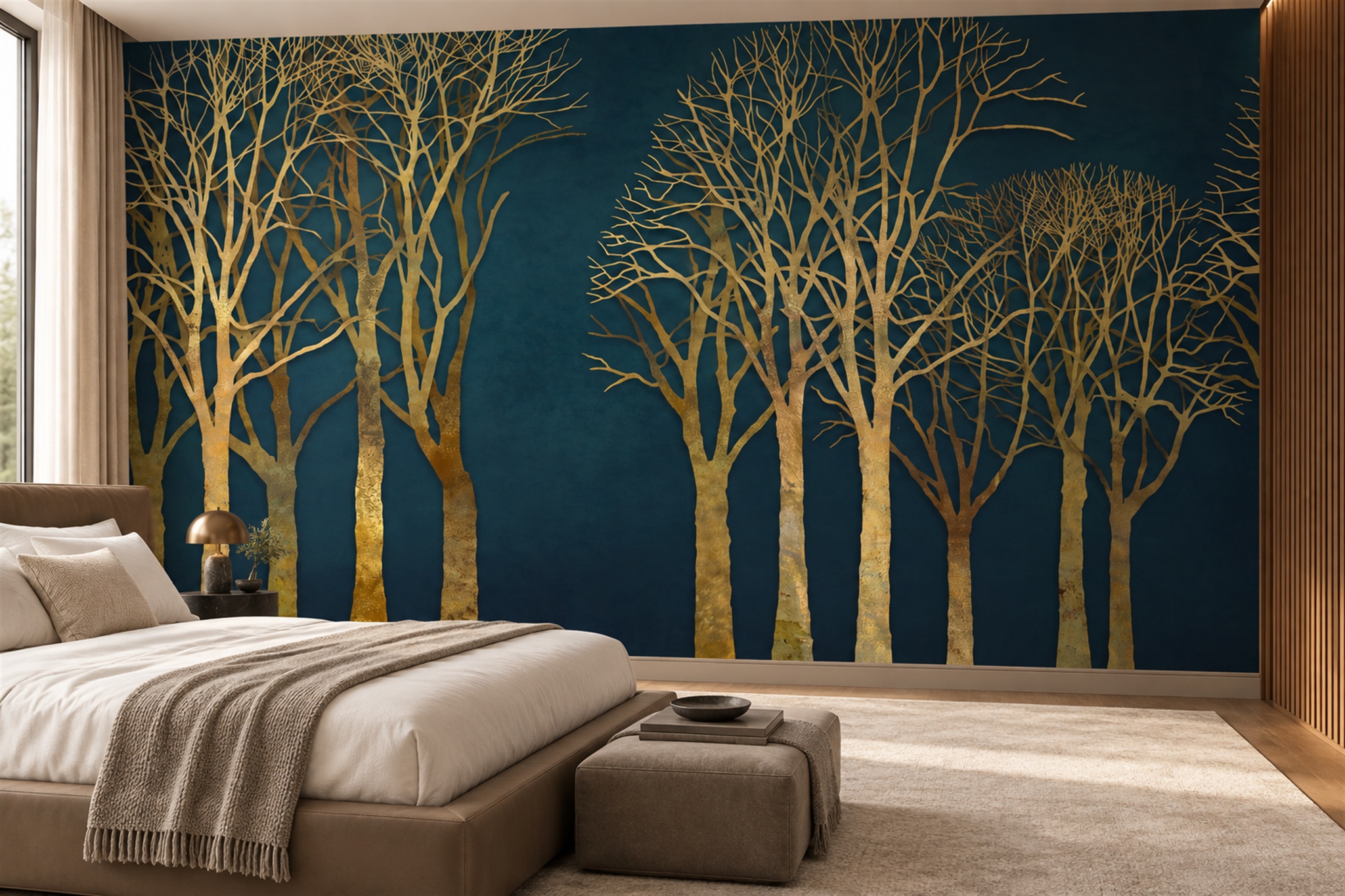 Gold Scenic Scenic Layered Wallpaper Mural Bedroom-wallpaper-murals, Peel-and-stick Finish