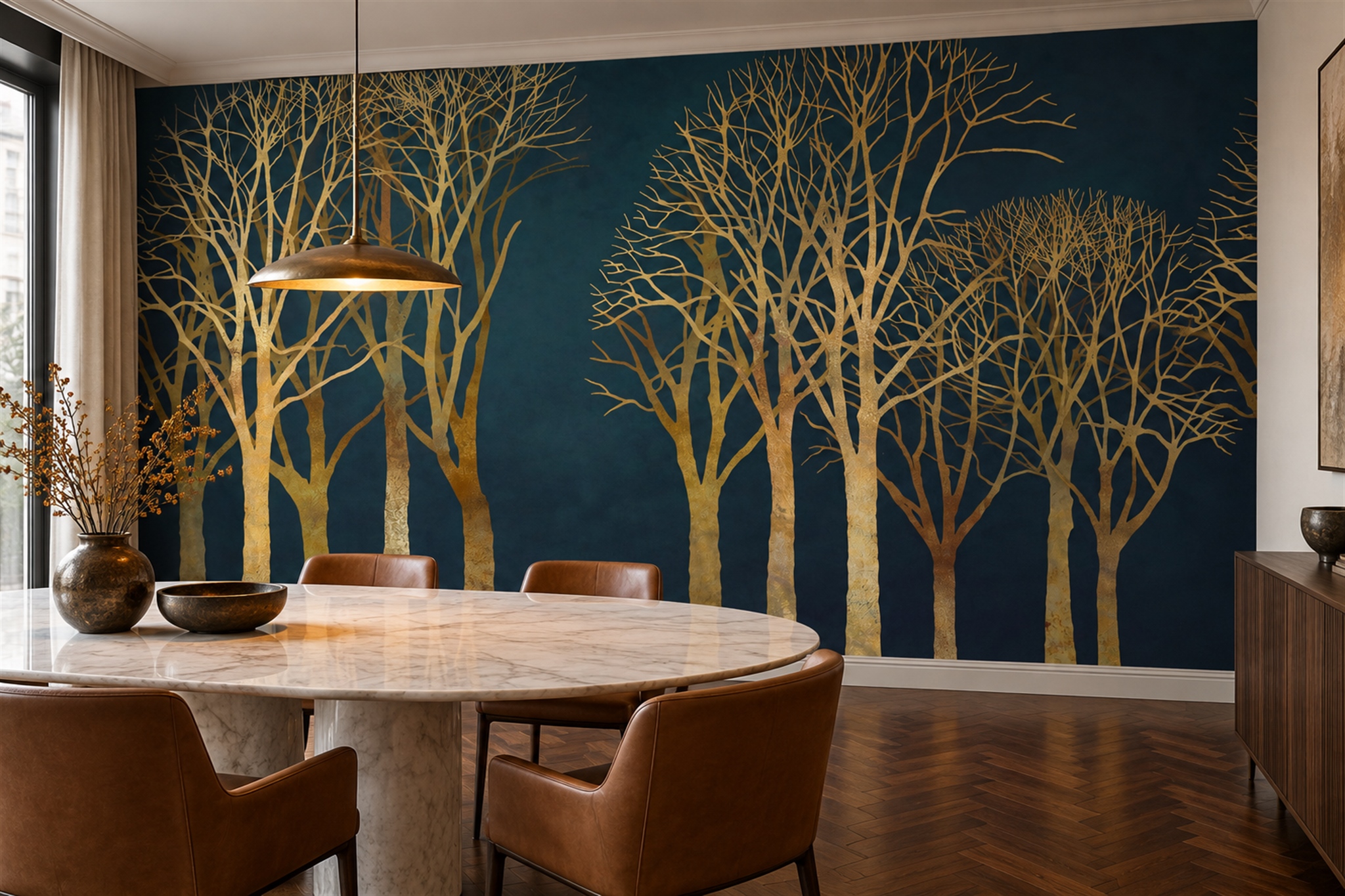Gold Scenic Scenic Layered Wallpaper Mural Bedroom-wallpaper-murals, Peel-and-stick Finish