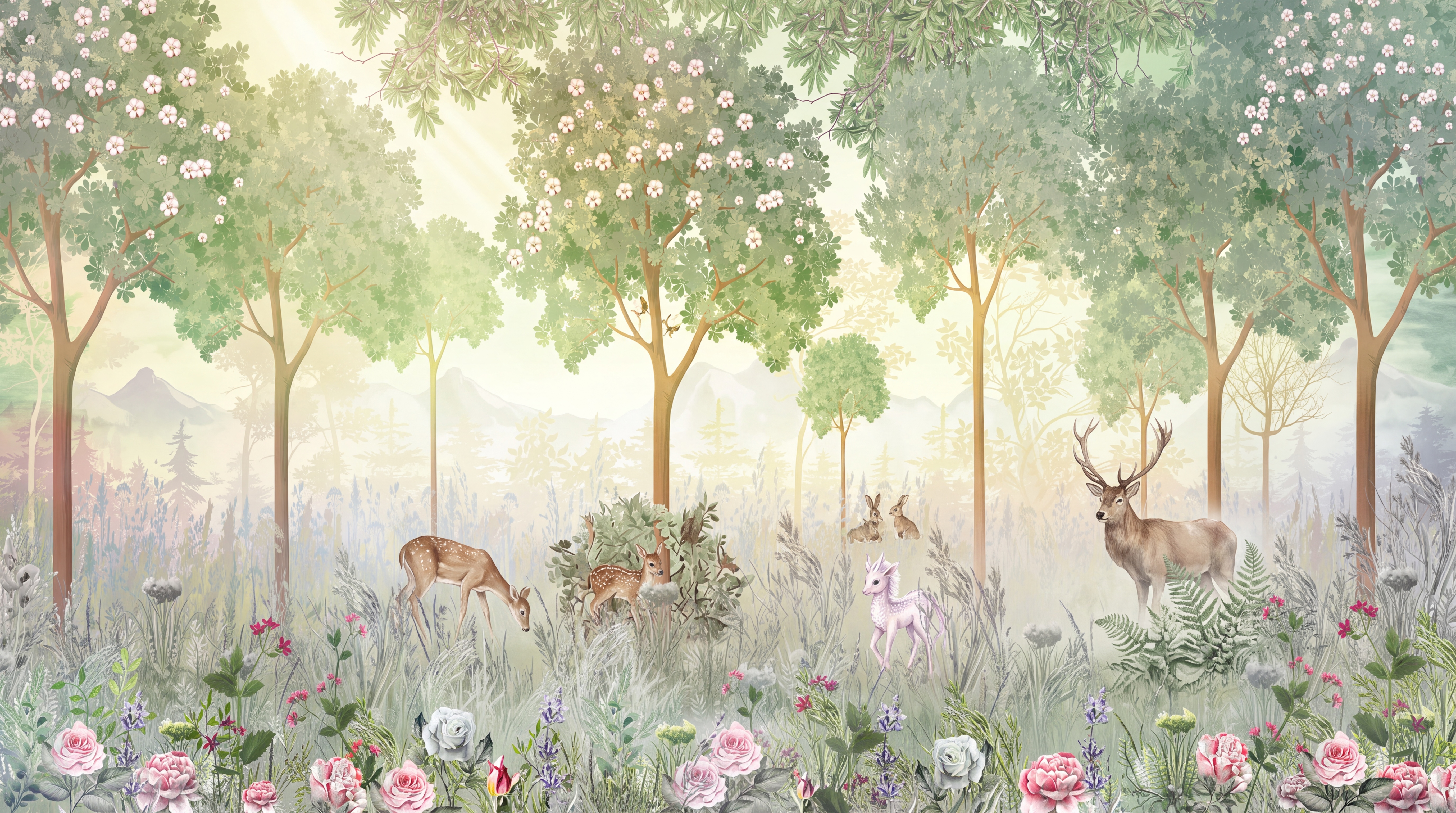 Sage Woodland Scenic Watercolour Wallpaper Mural, Peel-and-stick Finish