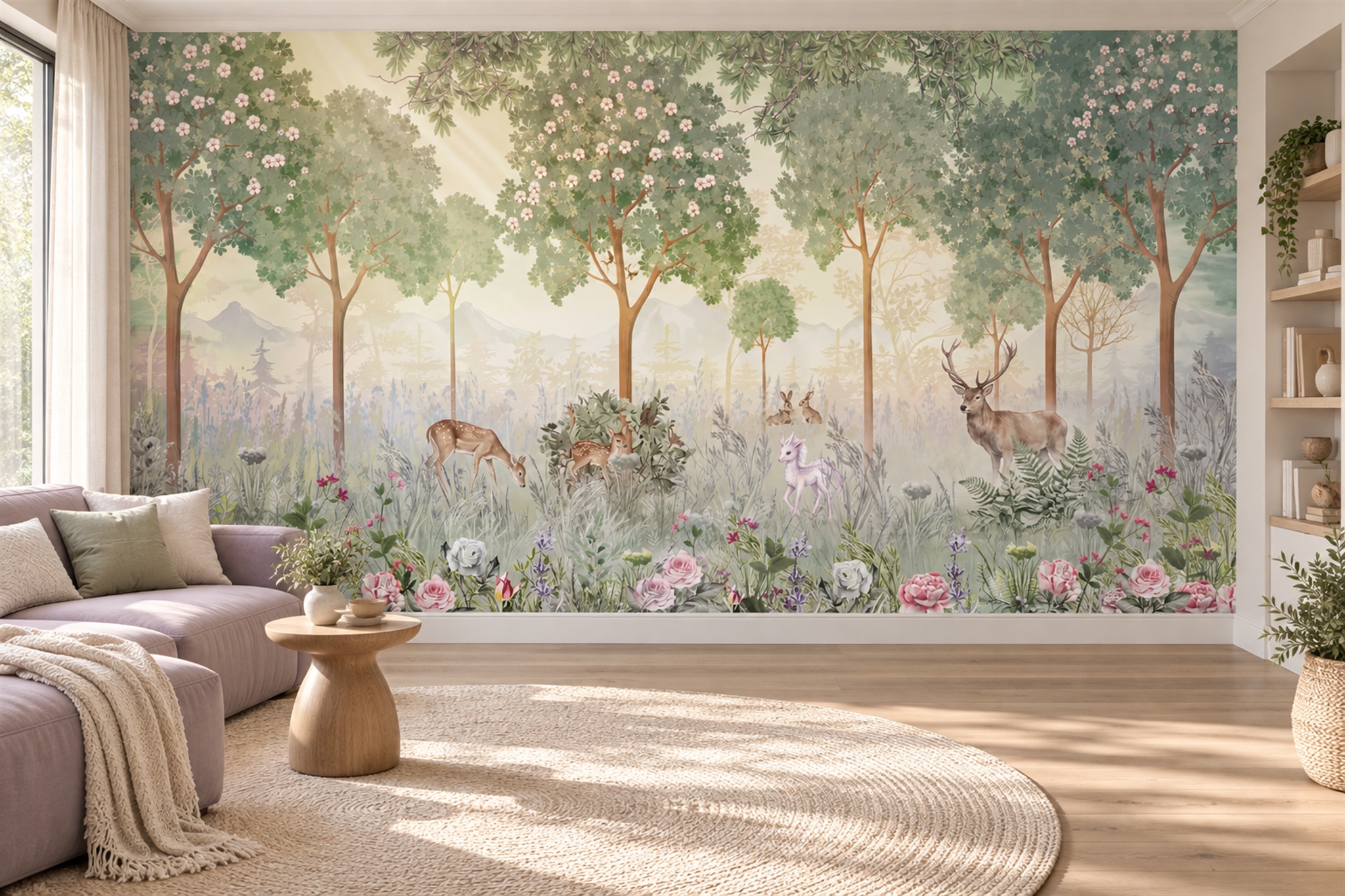 Sage Woodland Scenic Watercolour Wallpaper Mural Home-office-wallpaper-murals, Shown In A Home Office, Peel-and-stick Finish