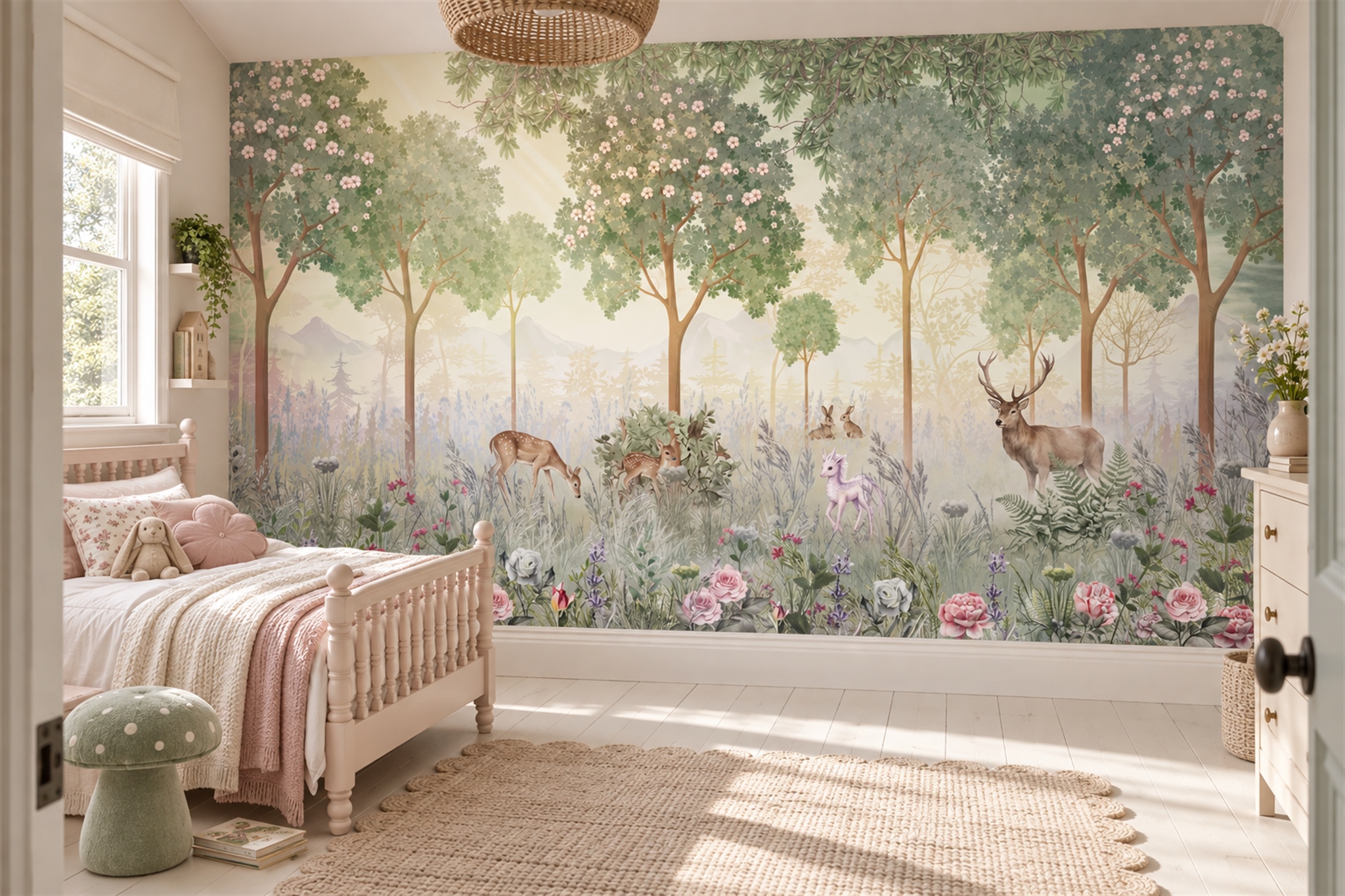 Sage Woodland Scenic Watercolour Wallpaper Mural Accent-wall-wallpaper-murals, Peel-and-stick Finish