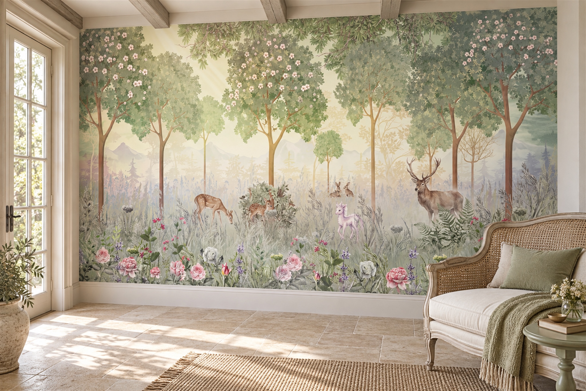 Sage Woodland Scenic Watercolour Wallpaper Mural Accent-wall-wallpaper-murals, Peel-and-stick Finish
