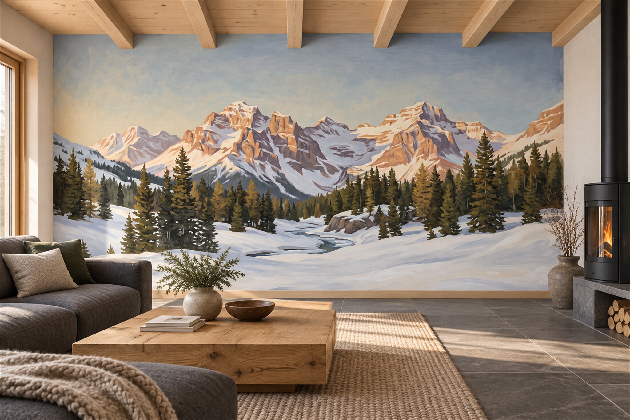 Snow-capped Alpine Mountains And Pine Forest Wallpaper Mural — Wallpaper Mural Design, Peel-and-stick Finish