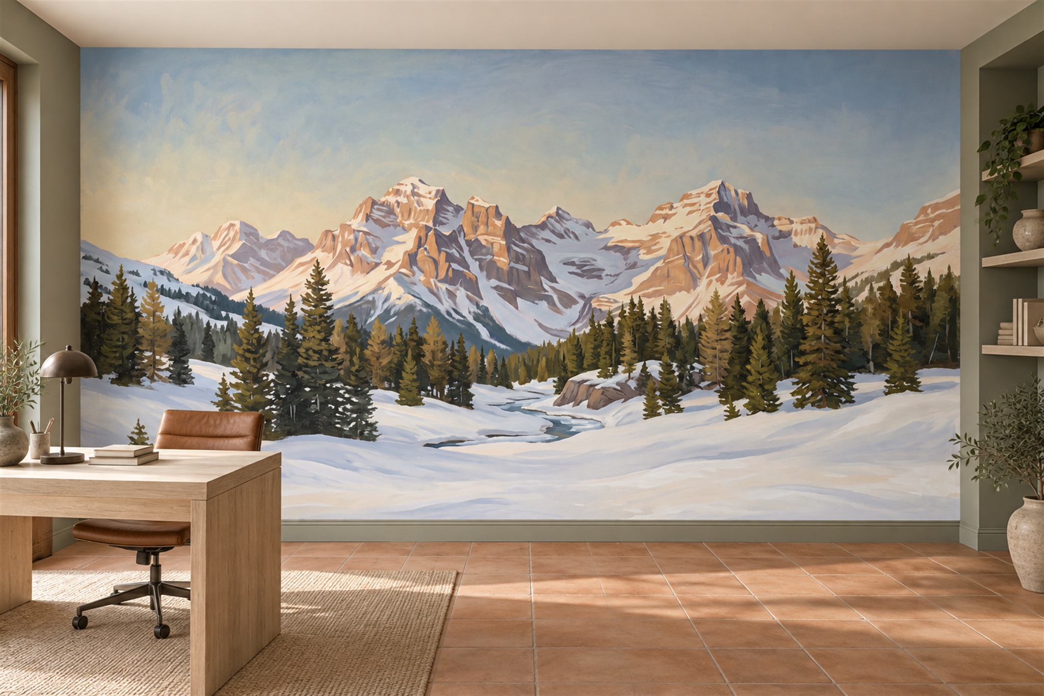 Blue Alpine Scenic Decorative Wallpaper Mural Home-office-wallpaper-murals, Shown In A Home Office, Peel-and-stick Finish