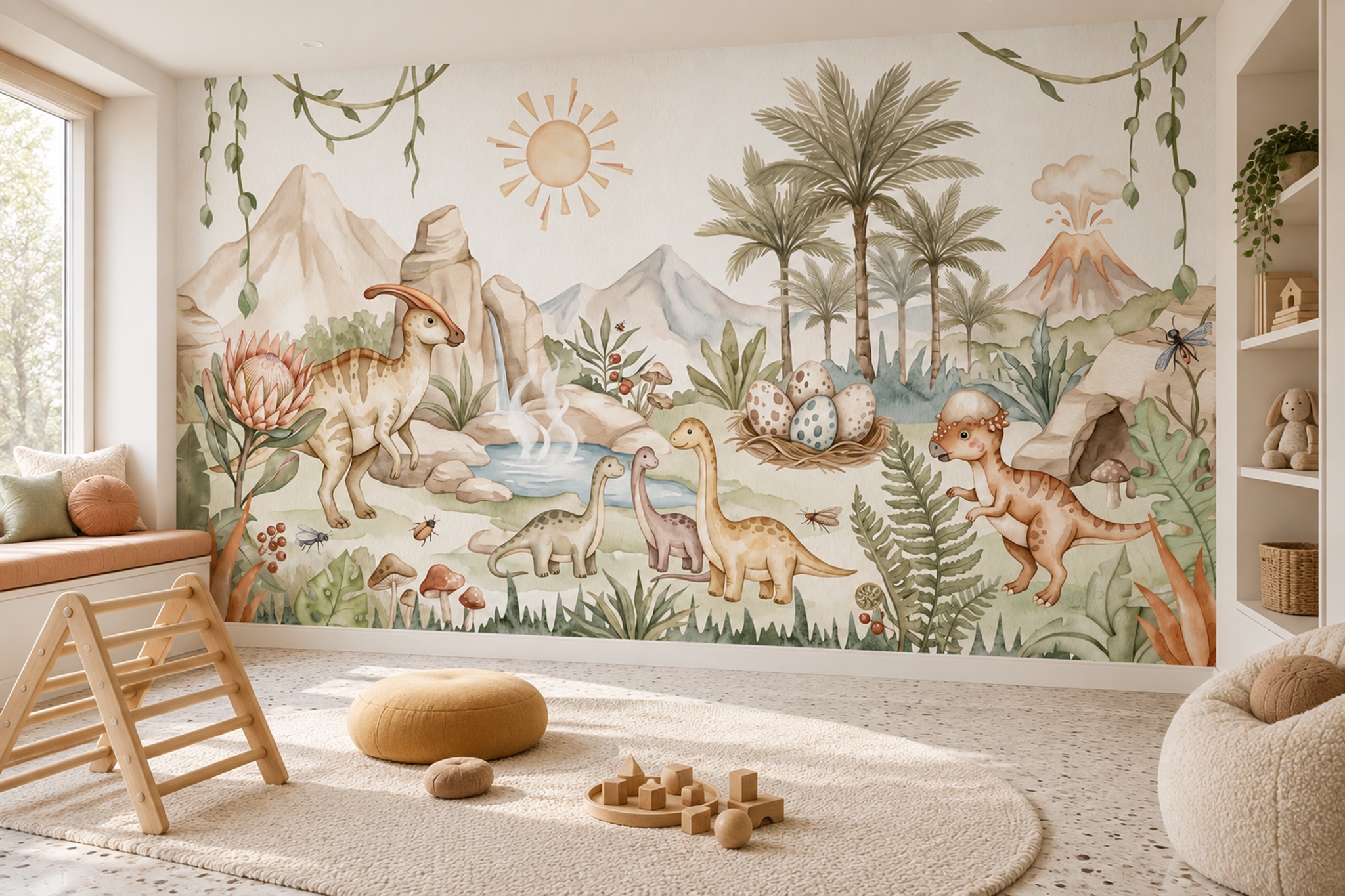 Sage Dinosaur Jungle Landscape Wallpaper Mural — Wallpaper Mural Design, Peel-and-stick Finish