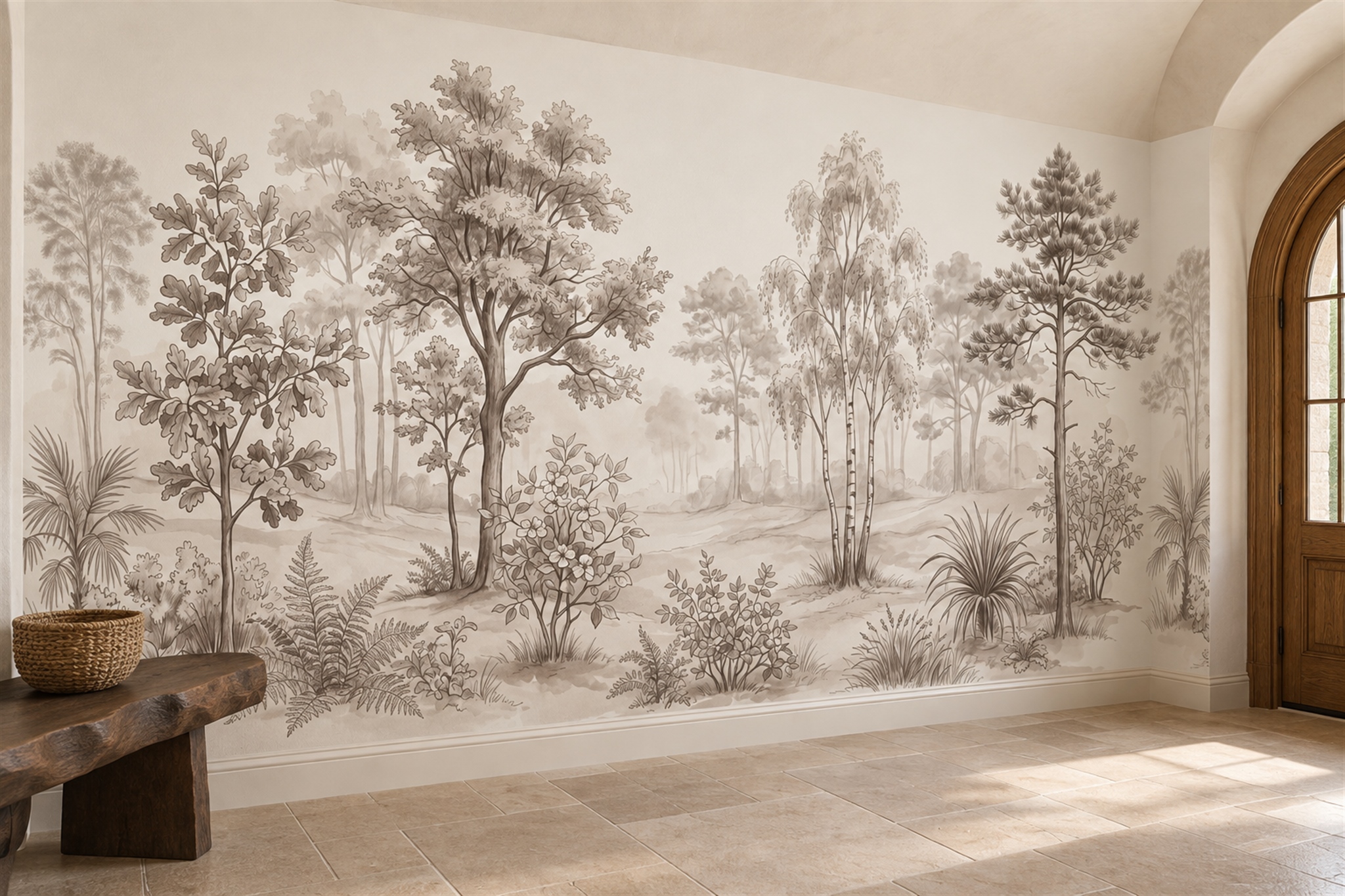Sepia Woodland Trees And Meadow Path Wallpaper Mural — Installed Wallpaper Mural In A Entryway, Peel-and-stick Finish