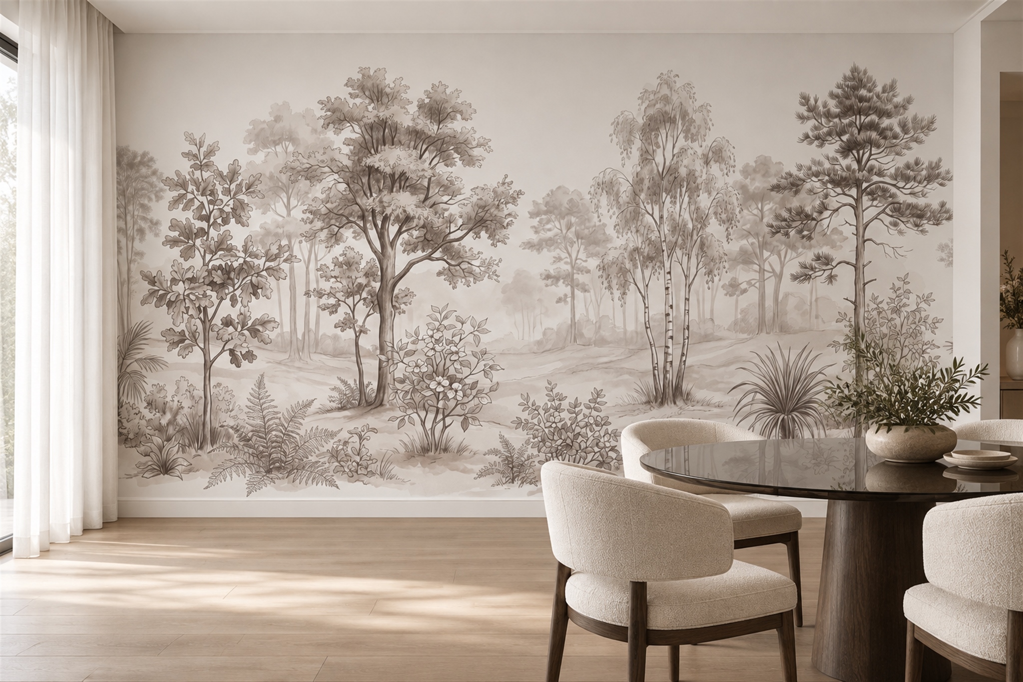 Taupe Scenic Scenic Wallpaper Mural Dining-room-wallpaper-murals, Shown In A Dining Room, Peel-and-stick Finish