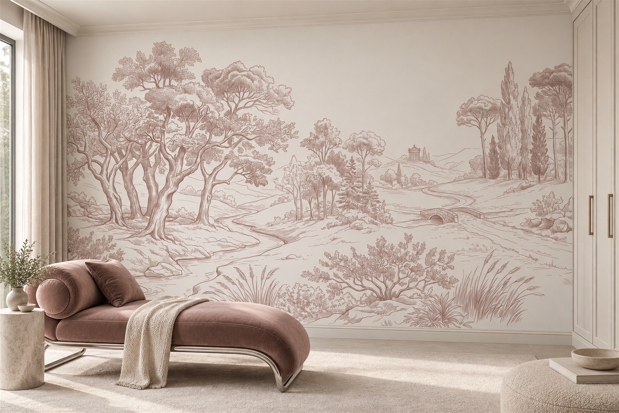 Pink Landscape Scenic Decorative Wallpaper Mural Accent-wall-wallpaper-murals, Peel-and-stick Finish