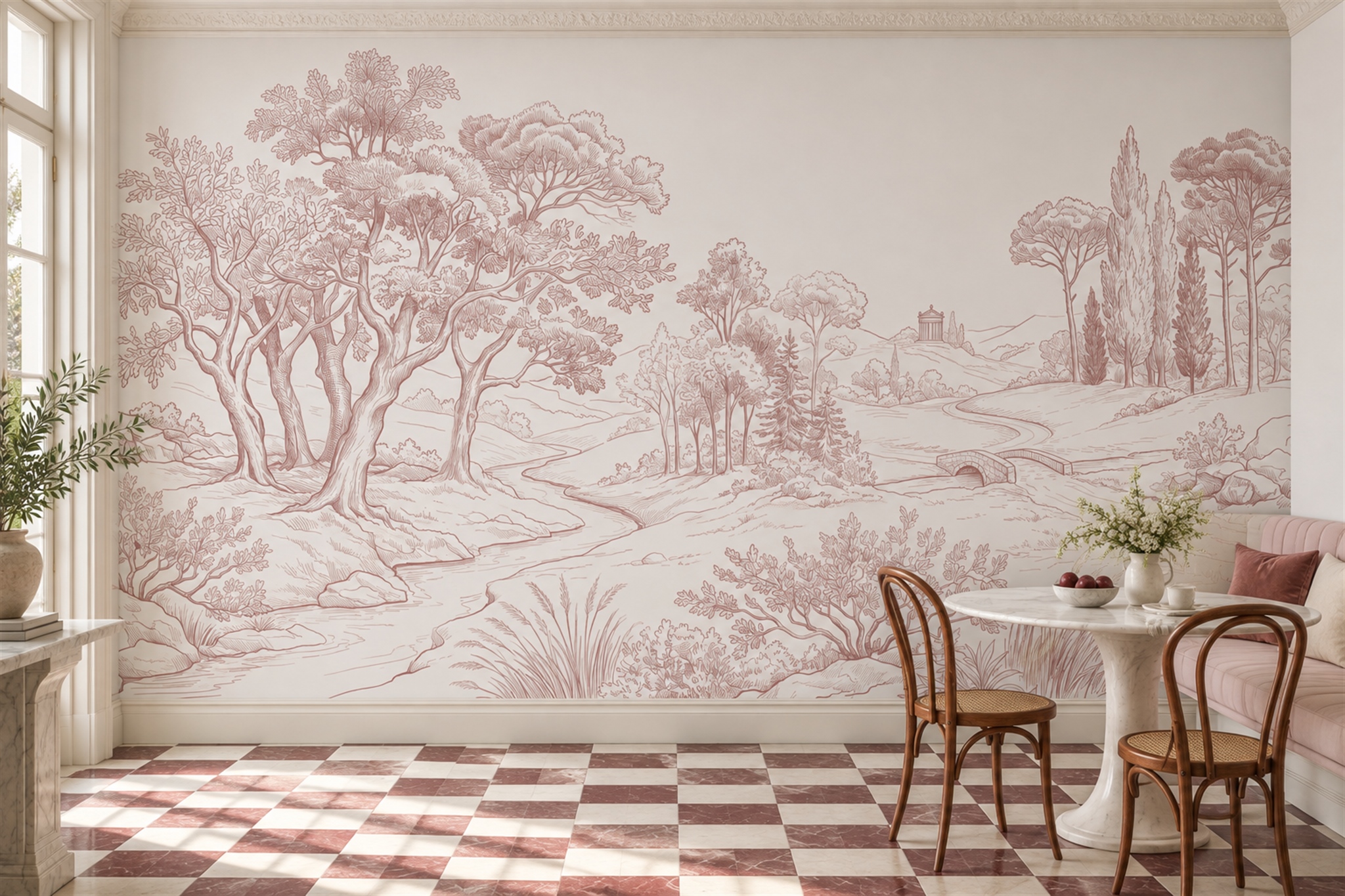 Blush Toile Woodland River Wallpaper Mural — Wallpaper Mural Design, Peel-and-stick Finish