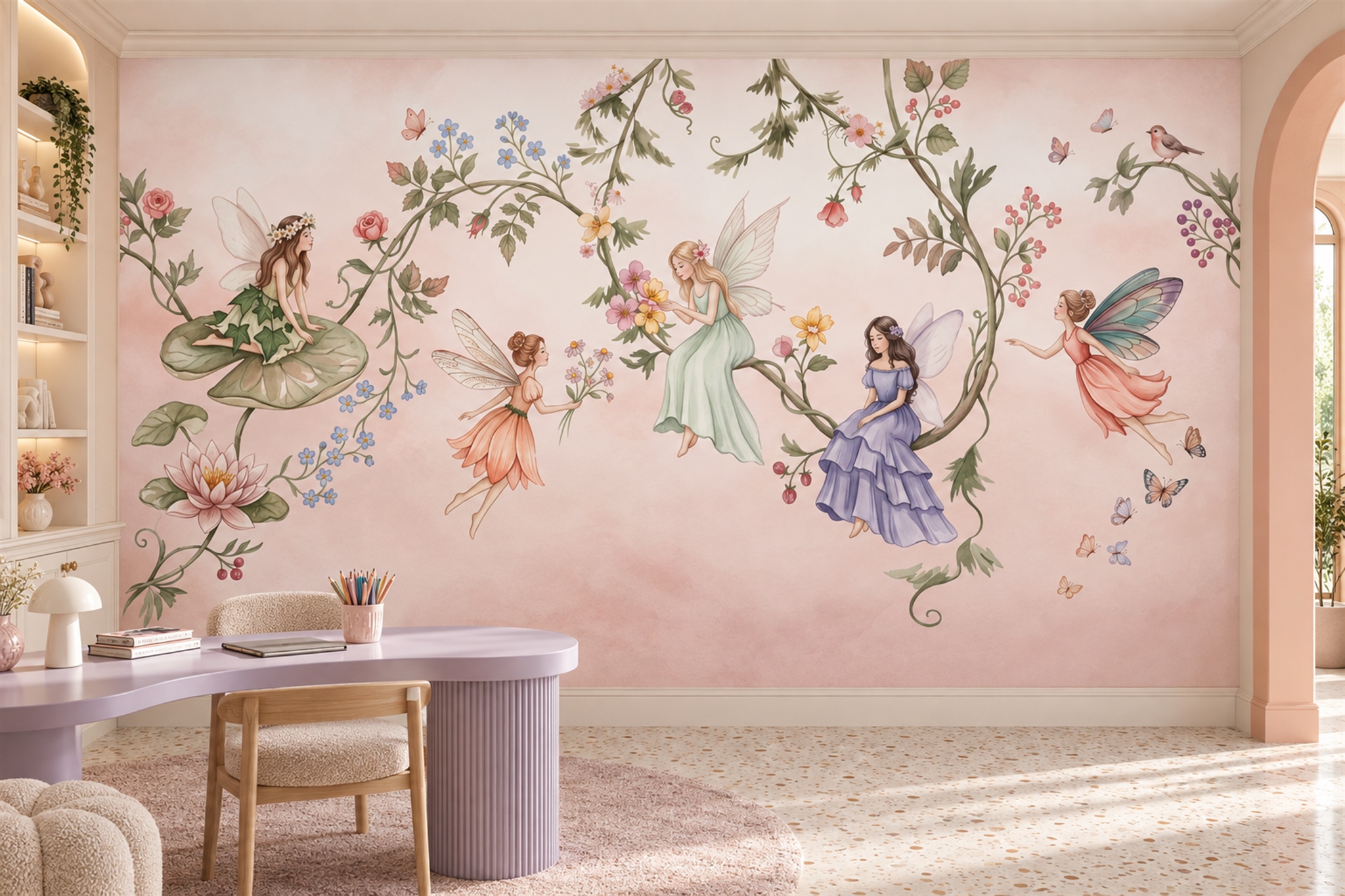 Pink Pattern Decorative Wallpaper Mural Layered Layered Wallpaper Mural Accent-wall-wallpaper-murals, Peel-and-stick Finish