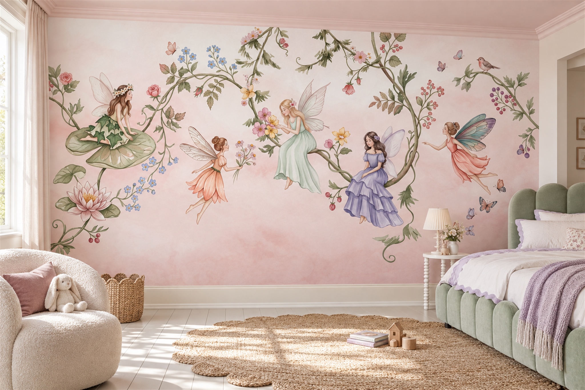 Pastel Fairy Garden With Blossoms And Butterflies Wallpaper Mural — Wallpaper Mural Design, Peel-and-stick Finish