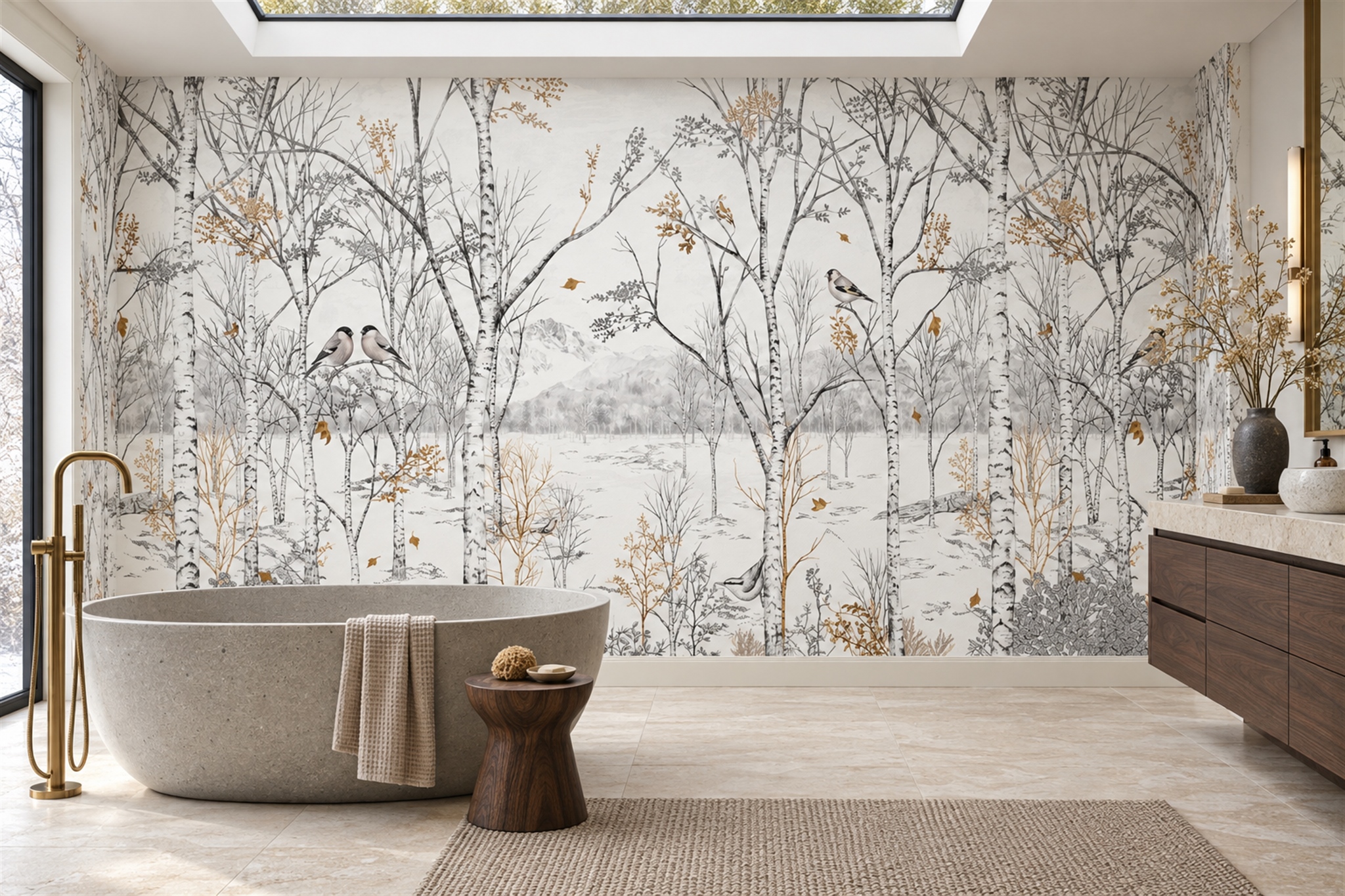 Grey Birch Scenic Decorative Wallpaper Mural Bathroom-wallpaper-murals, Peel-and-stick Finish