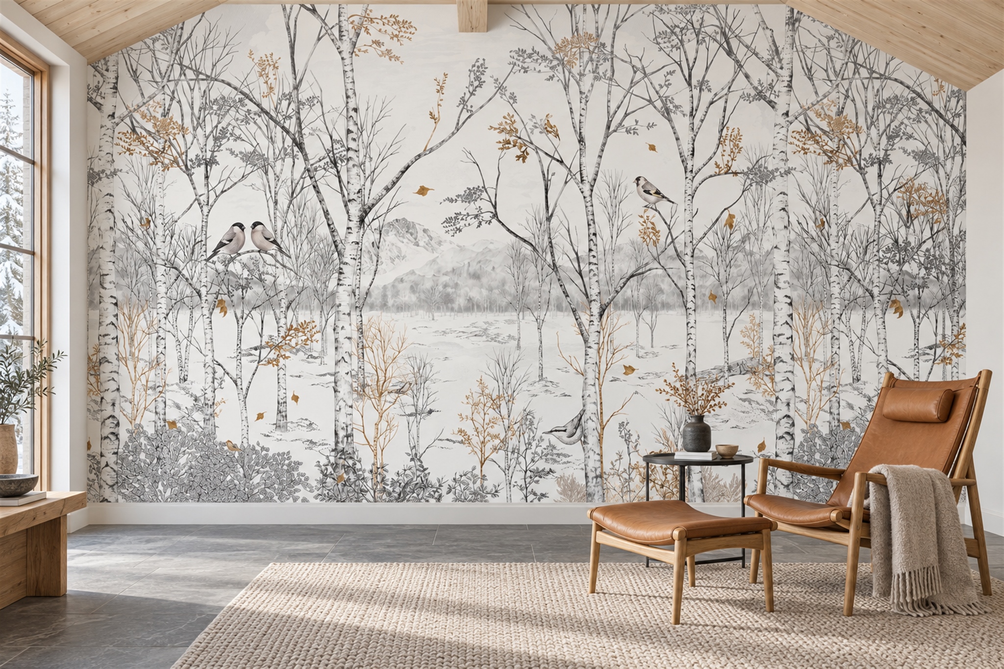 Snowy Birch Woodland With Birds Wallpaper Mural — Wallpaper Mural Design, Peel-and-stick Finish