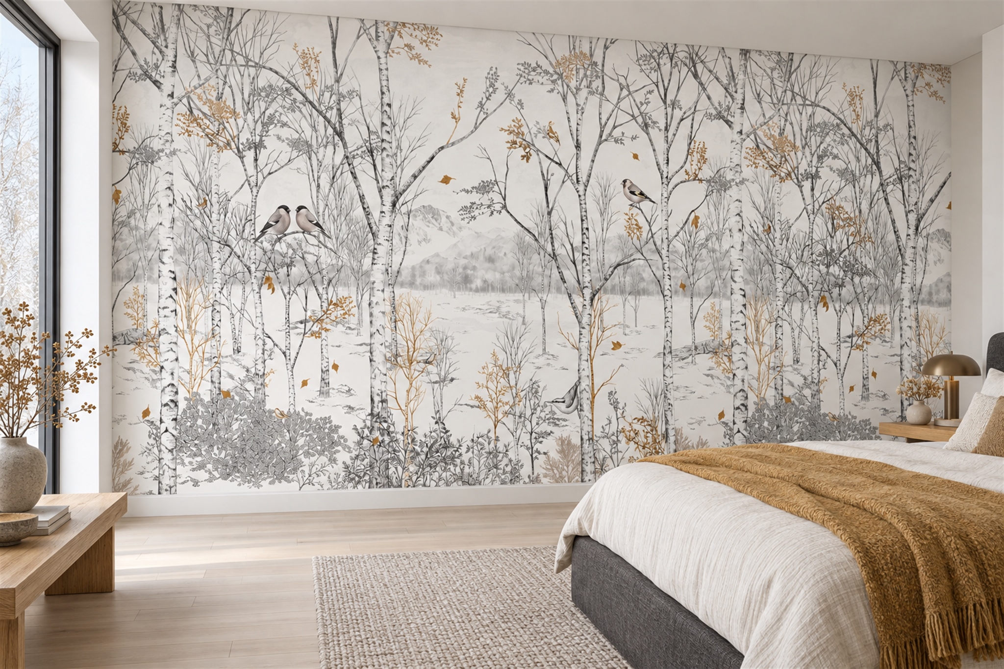 Grey Birch Scenic Decorative Wallpaper Mural Bedroom-wallpaper-murals, Peel-and-stick Finish