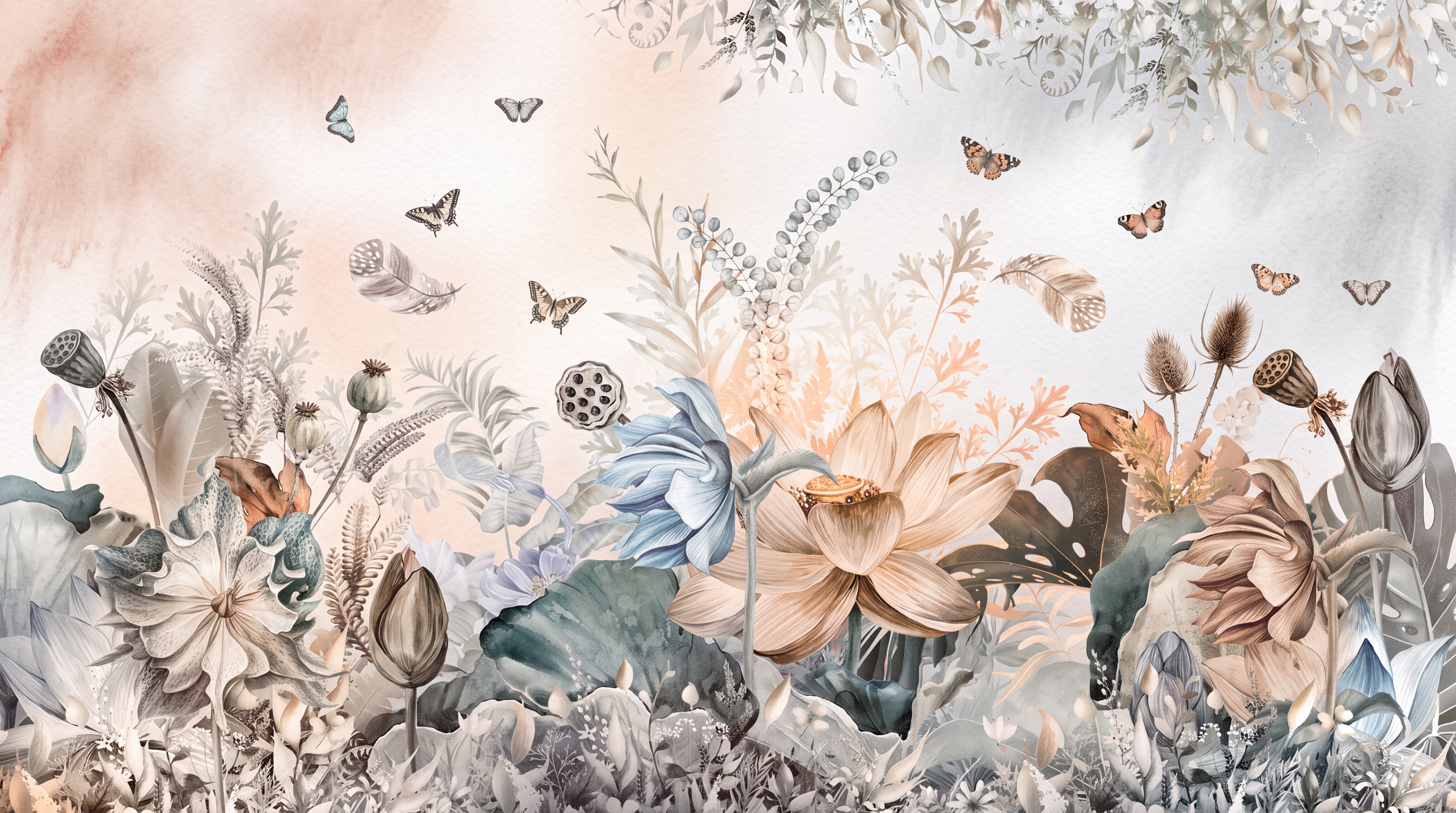 Peach Floral Botanical Decorative Wallpaper Mural, Peel-and-stick Finish