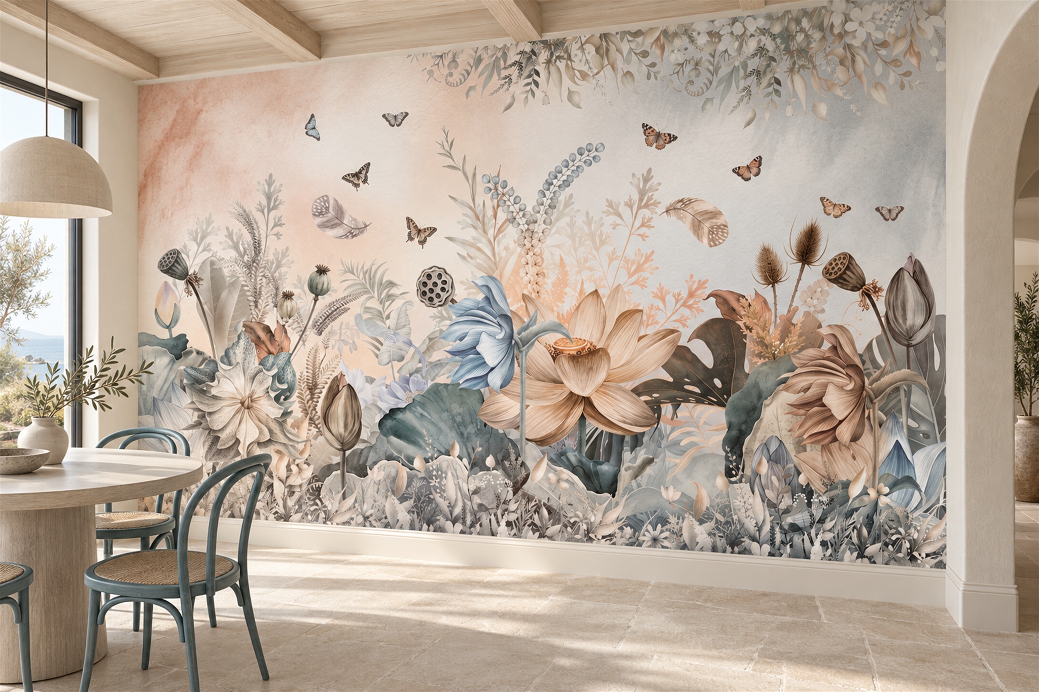 Peach Floral Botanical Decorative Wallpaper Mural Dining-room-wallpaper-murals, Shown In A Dining Room, Peel-and-stick Finish