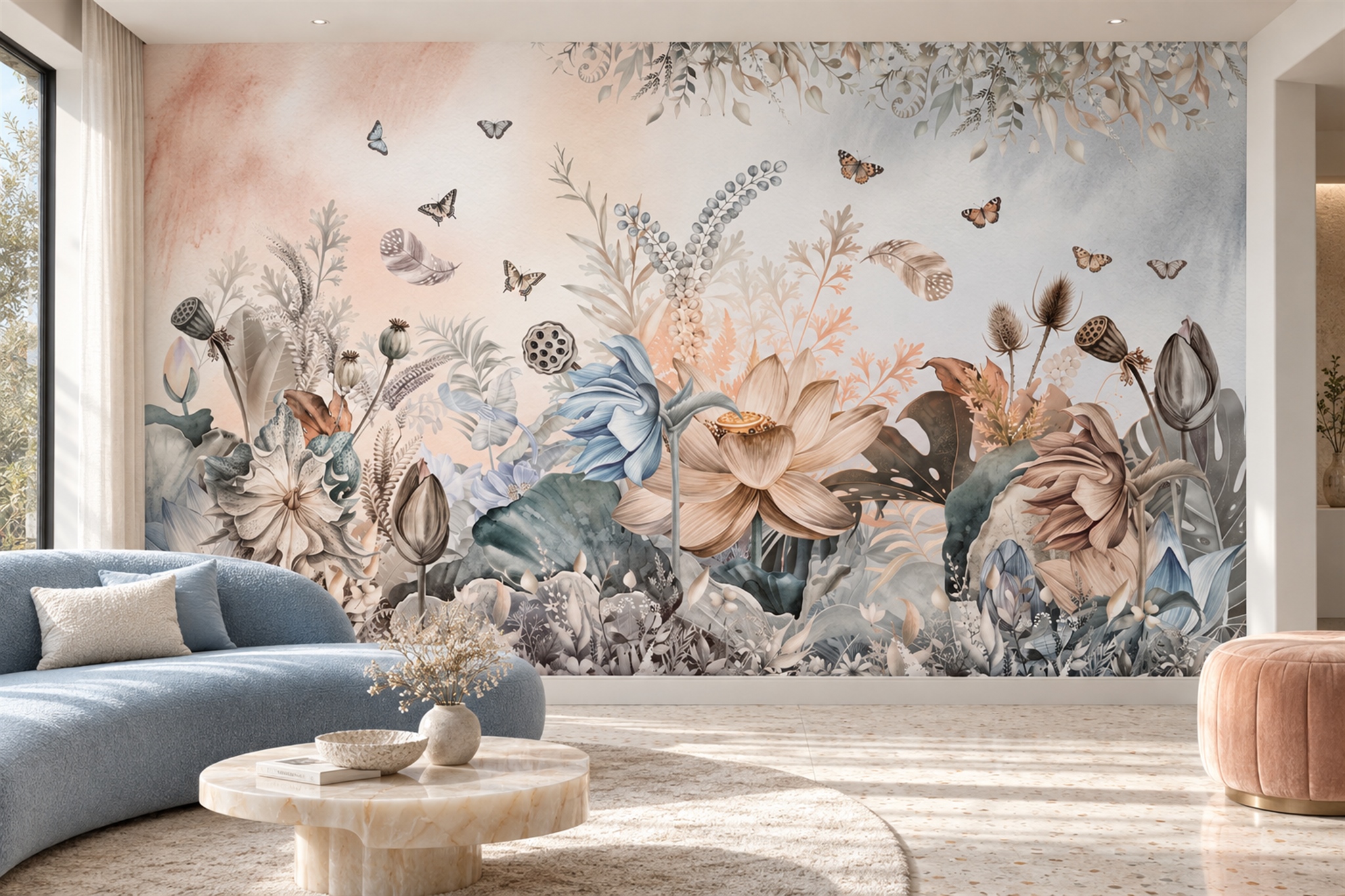 Peach And Blue Botanical Still Life With Butterflies Wallpaper Mural — Wallpaper Mural Design, Peel-and-stick Finish