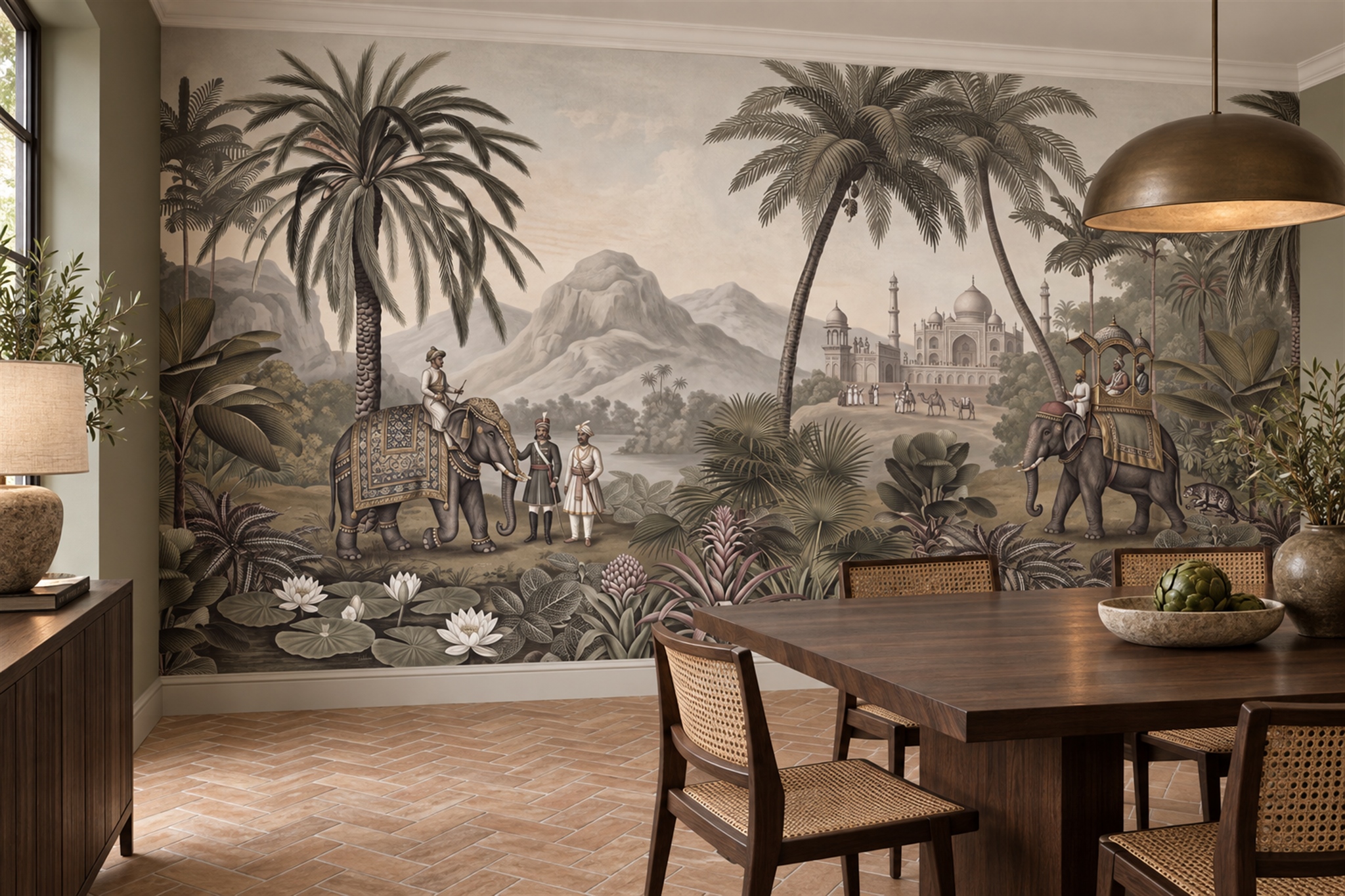 Sepia Palace Scenic Watercolour Wallpaper Mural Dining-room-wallpaper-murals, Shown In A Dining Room, Peel-and-stick Finish