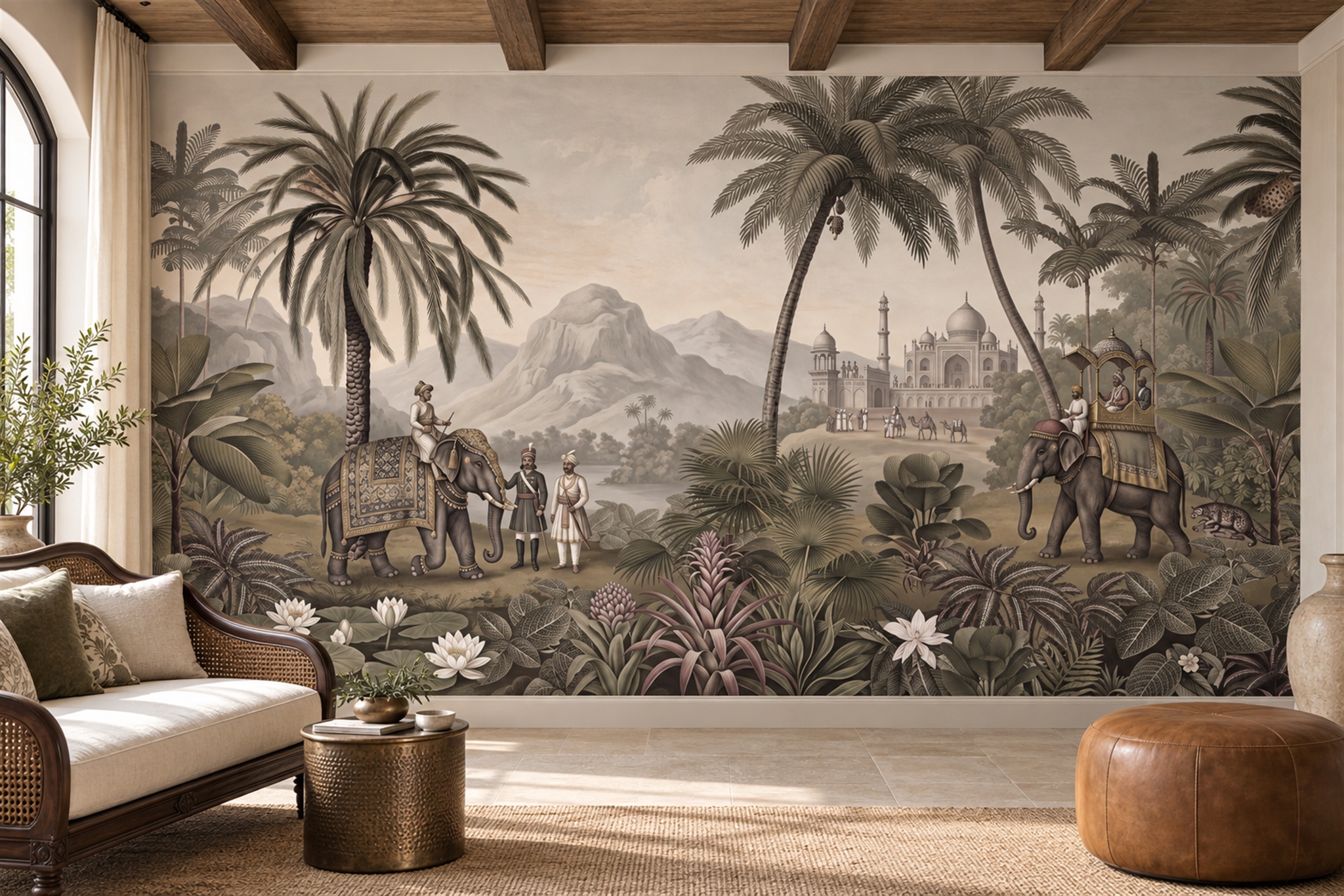 Sepia Palace Scenic Watercolour Wallpaper Mural Accent-wall-wallpaper-murals, Peel-and-stick Finish