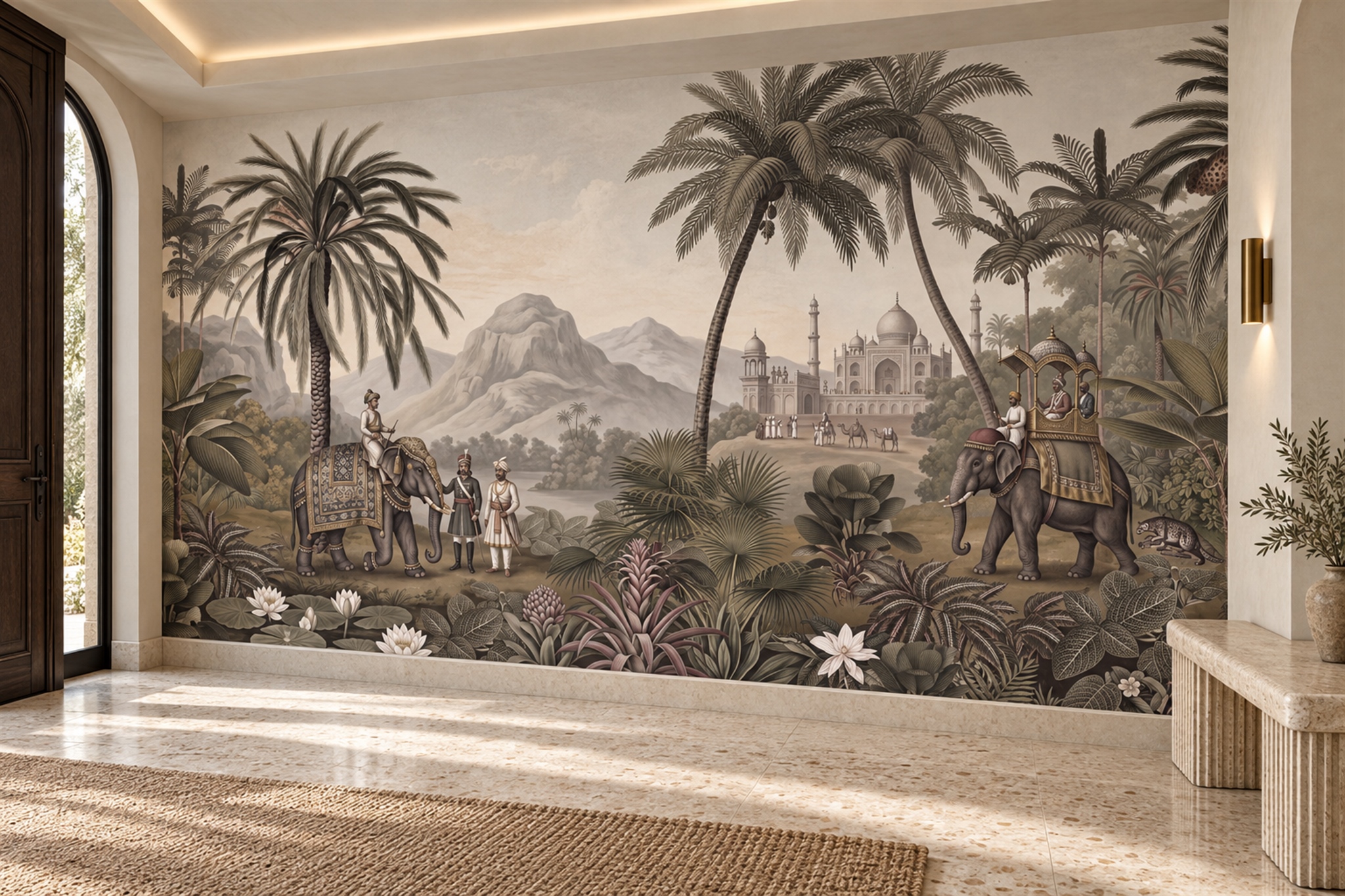 Sepia Palace Scenic Watercolour Wallpaper Mural Entryway-wallpaper-murals, Peel-and-stick Finish